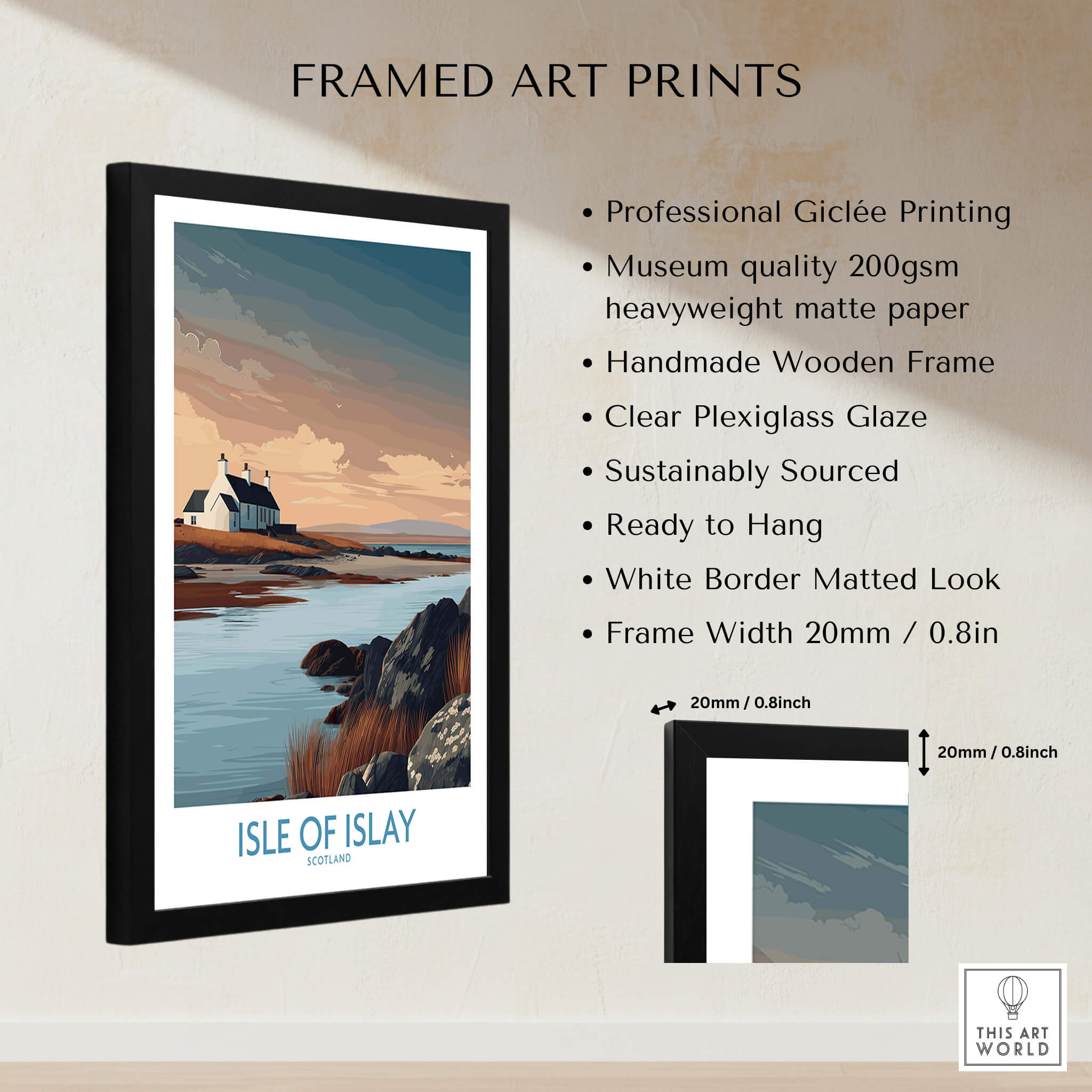 Isle of Islay Scotland Canvas Print | Hebrides Sunset Landscape Posters in a stylish frame with white matting and plexiglass.