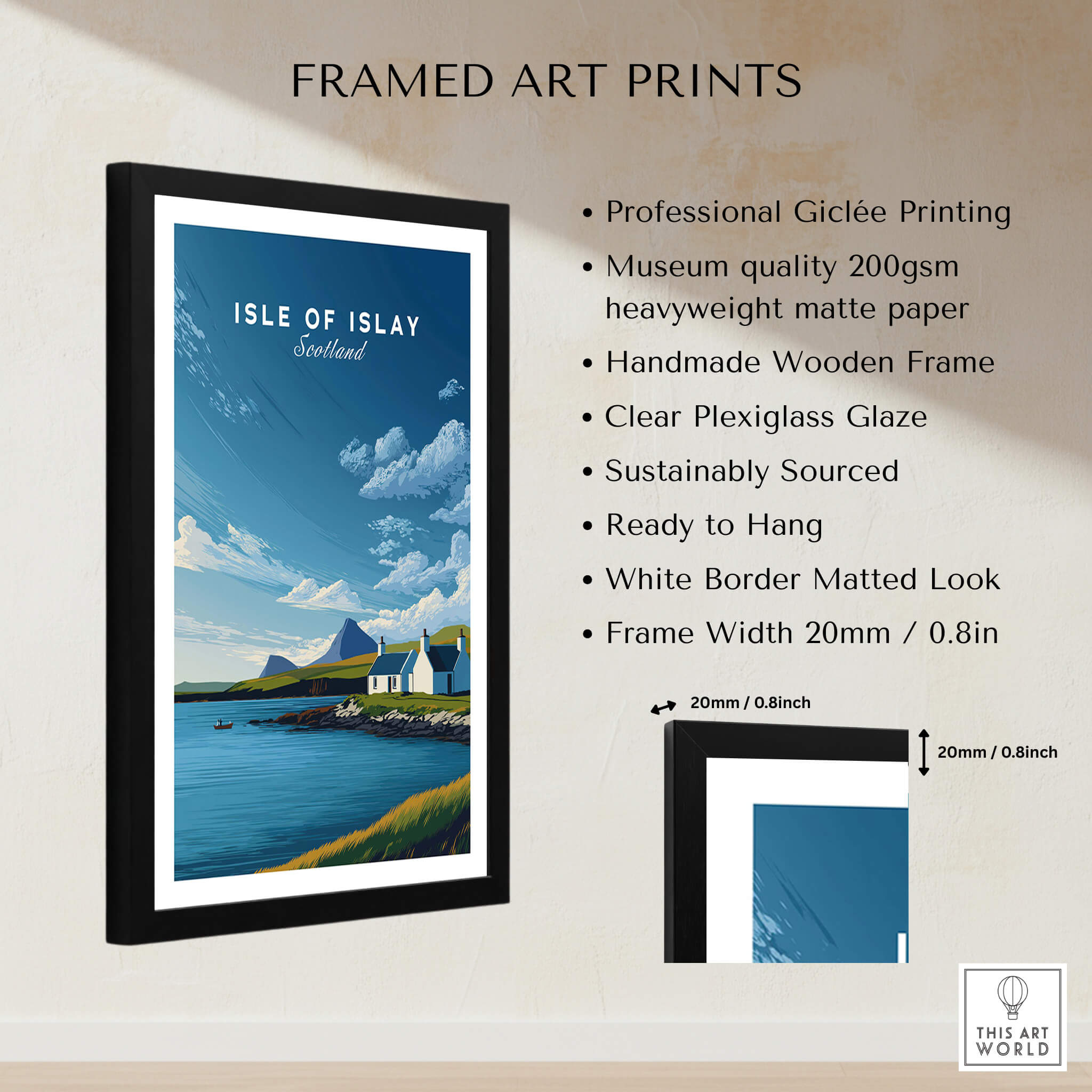 Isle of Islay Scotland Travel Posters | Sunny Coastal Wall Art Print showcased in a framed giclée print with serene landscape.