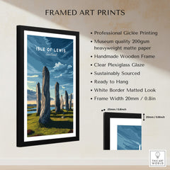 Isle of Lewis Scotland Wall Art Print | Callanish Standing Stones Travel Poster framed in a stylish black wooden frame.