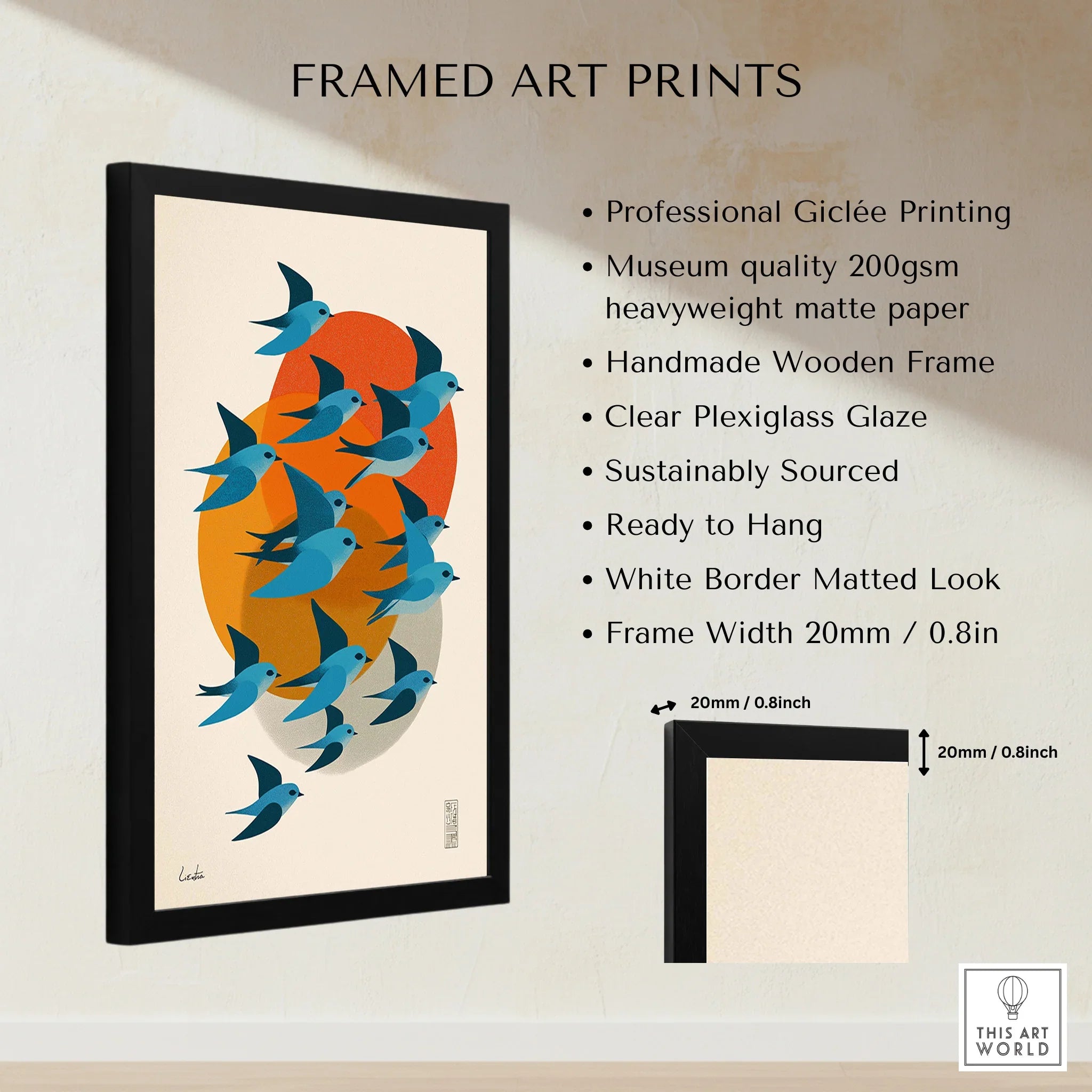 Framed wall art print with blue birds, modern orange shapes, and listed print details