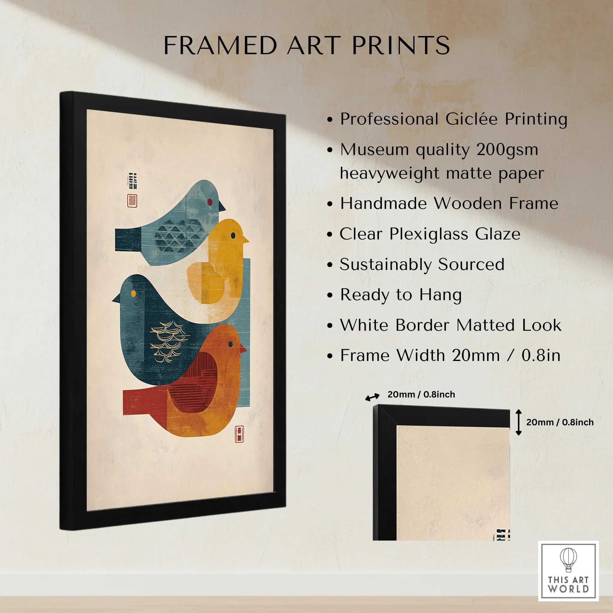 Framed wall art print featuring modern abstract birds, black wooden frame, artwork details