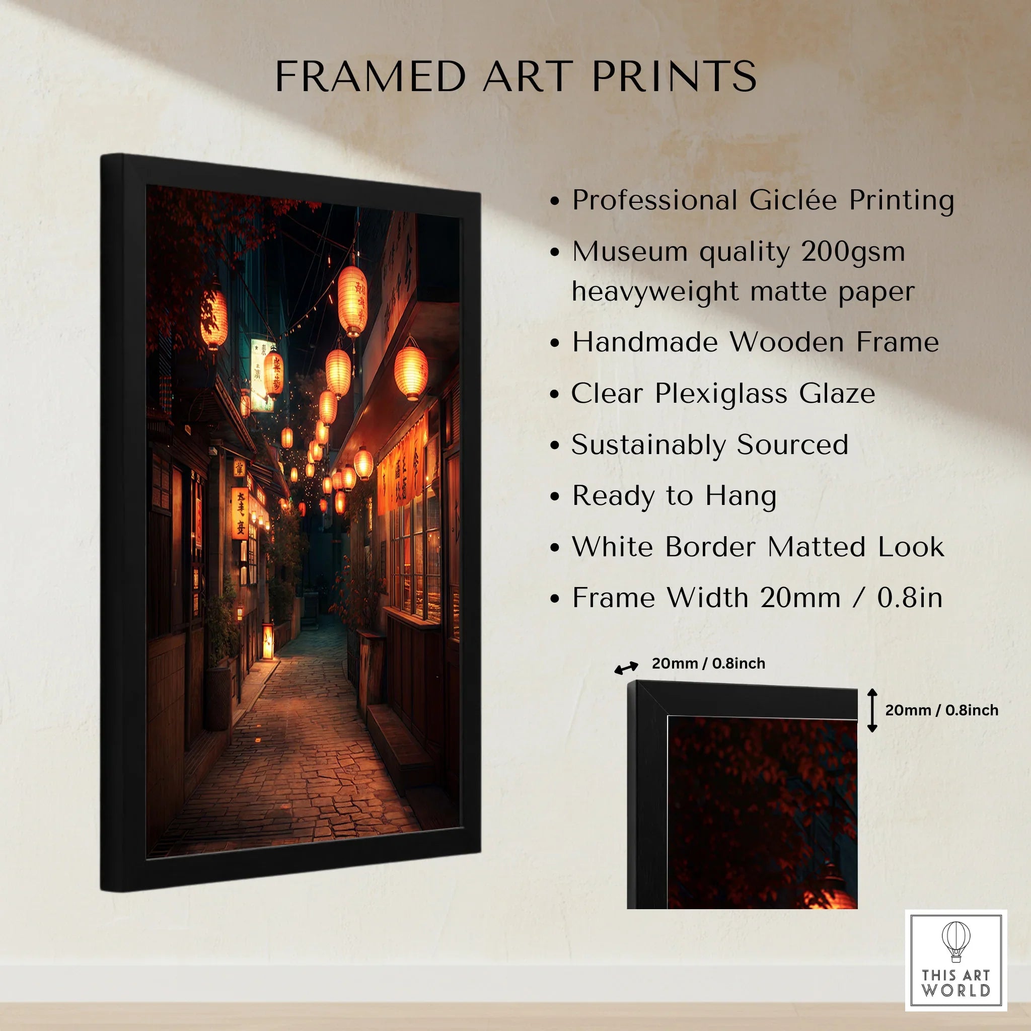 Framed art print of a Japanese street at night with glowing lanterns, wooden frame details