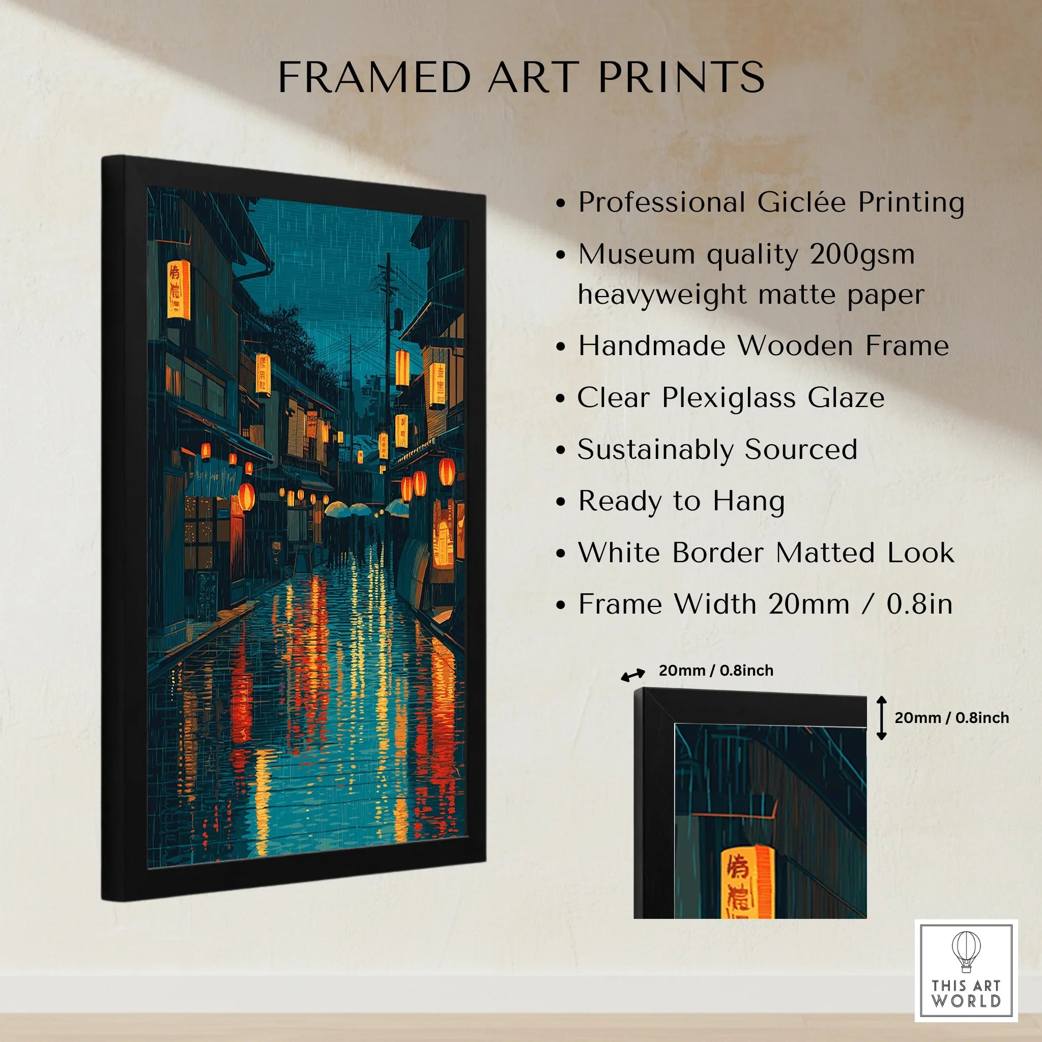 Framed Japanese street print with rainy night scene, orange lanterns, and reflection details