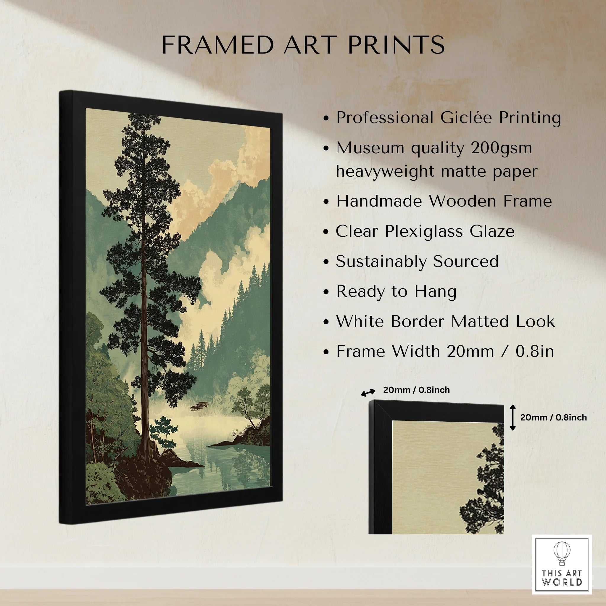 Japanese Pine Tree Mountain Mist Woodblock Style Wall Art – This