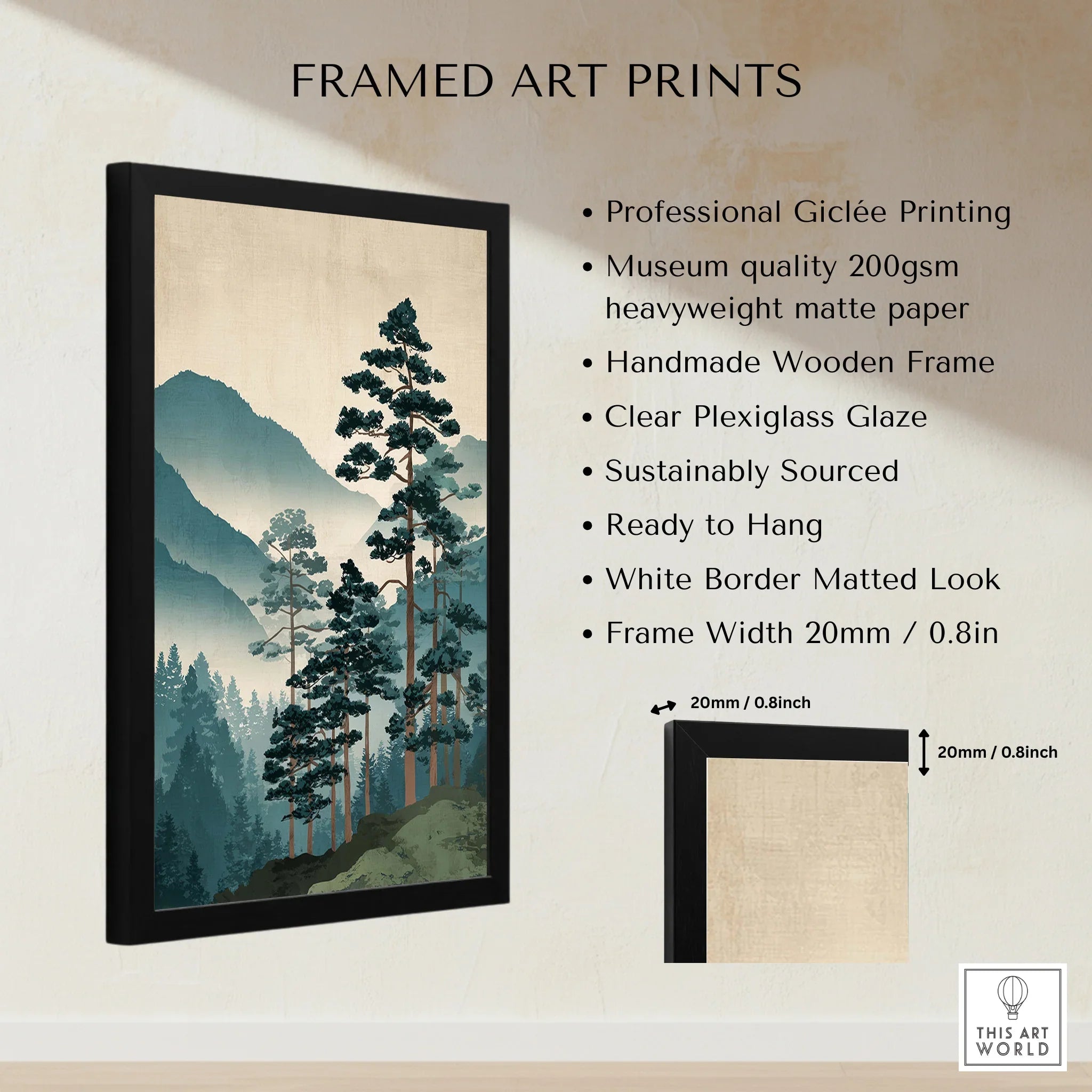 Framed art print with pine trees and misty mountains, measuring 20mm frame width, giclée quality.