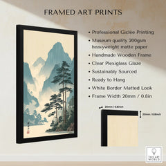 Framed Japanese woodblock print art with mountains and trees, black wooden frame details