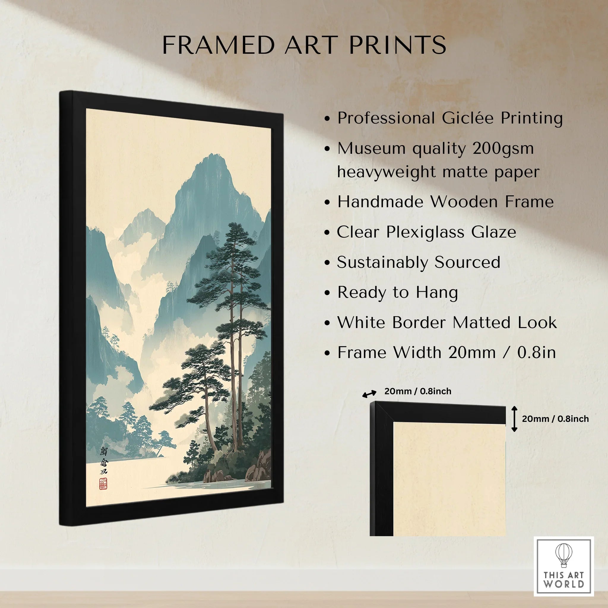 Framed Japanese woodblock print art with mountains and trees, black wooden frame details