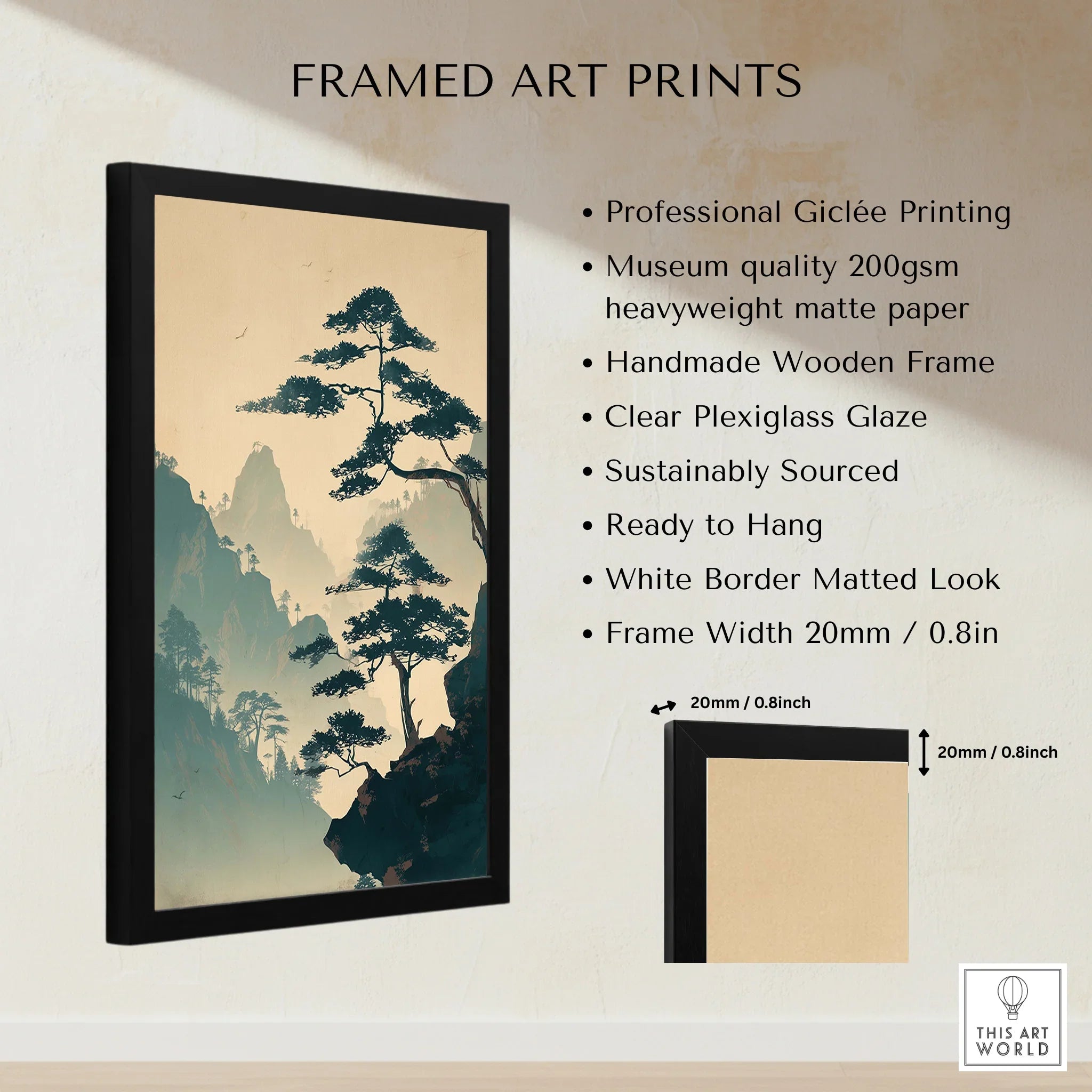 Framed wall art print with Japanese woodblock-style mountain landscape, black frame, and product details.