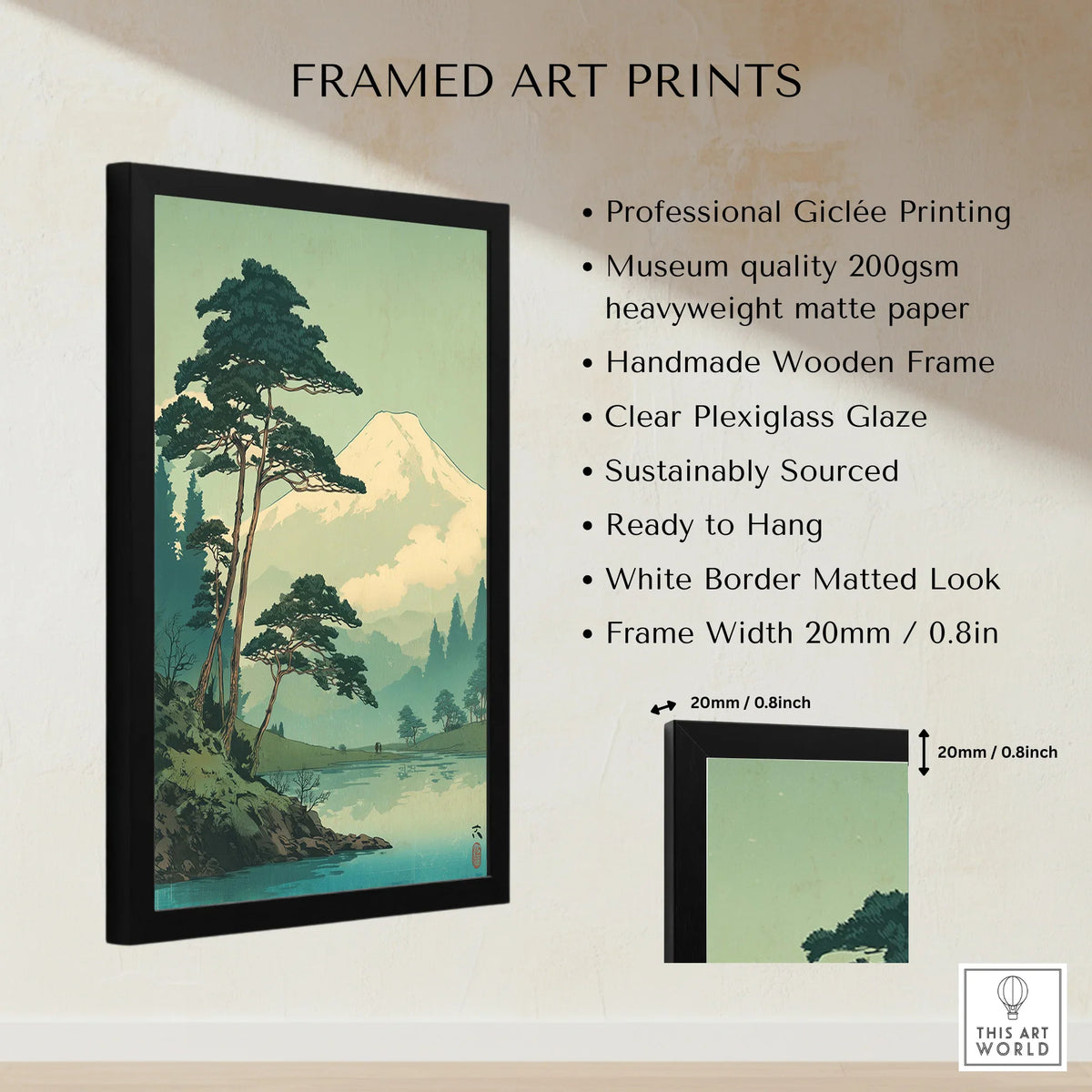 Framed Japanese woodblock landscape art print with mountain, lake, and tree details