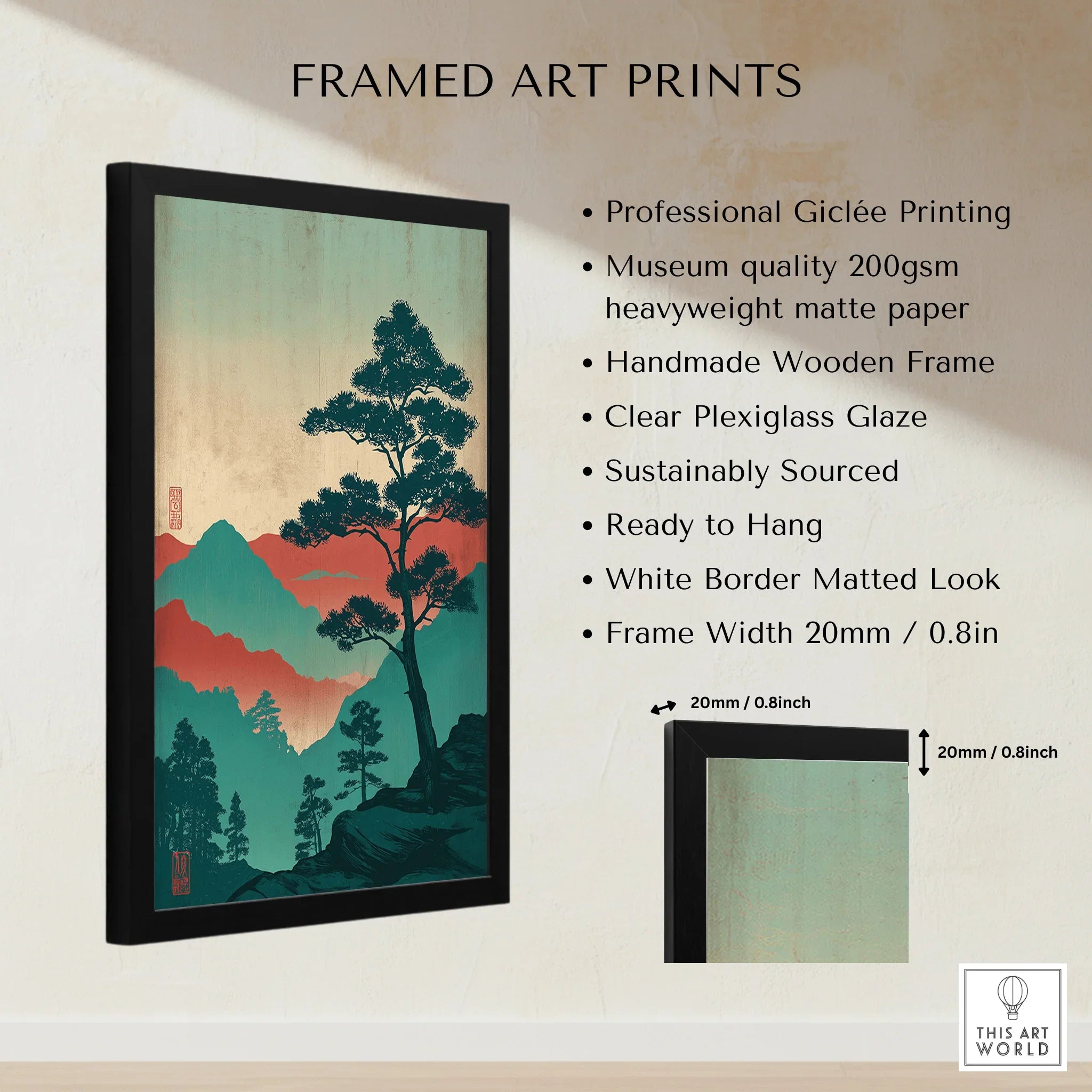 Framed Japanese woodblock style art print with mountain and tree, listed features beside frame.