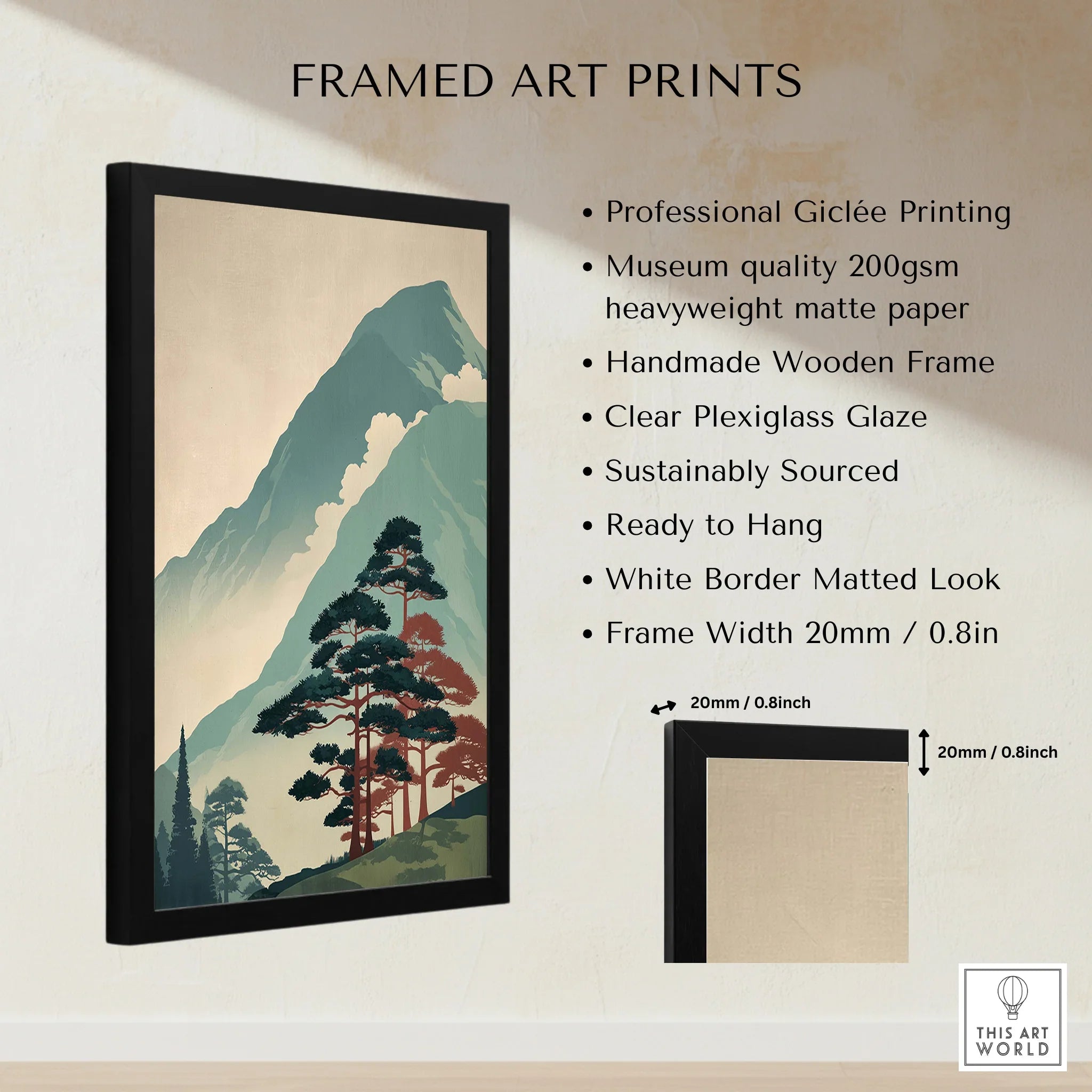 Framed art print with Japanese woodblock style mountain and trees, giclée printed, black matte frame