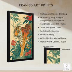 Framed art print featuring a Japanese tiger with lush leaves and red flowers, shown with frame details.