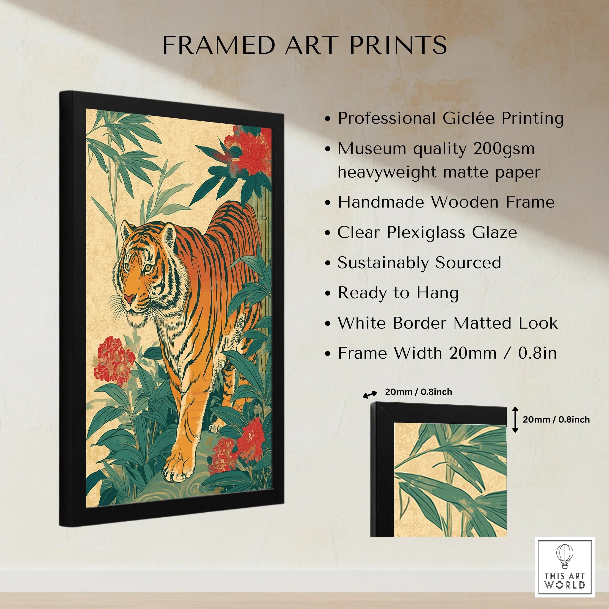 Framed art print featuring a Japanese tiger with lush leaves and red flowers, shown with frame details.