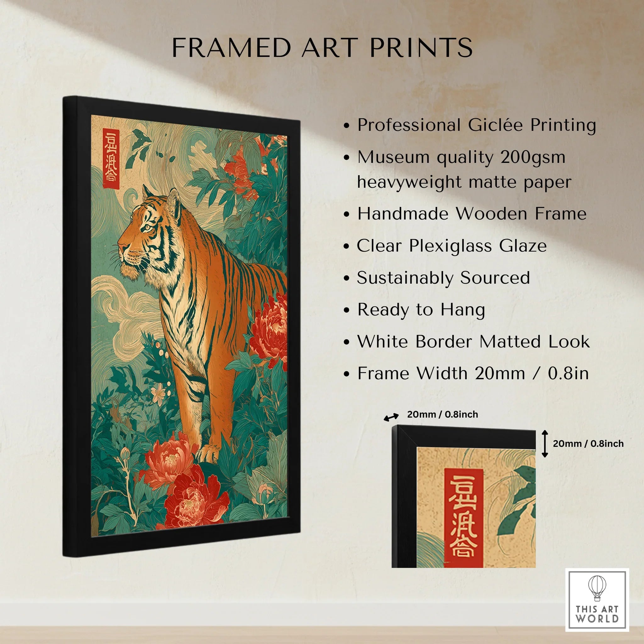 Framed Japanese tiger art print with floral details, black handmade wooden frame, wall decor