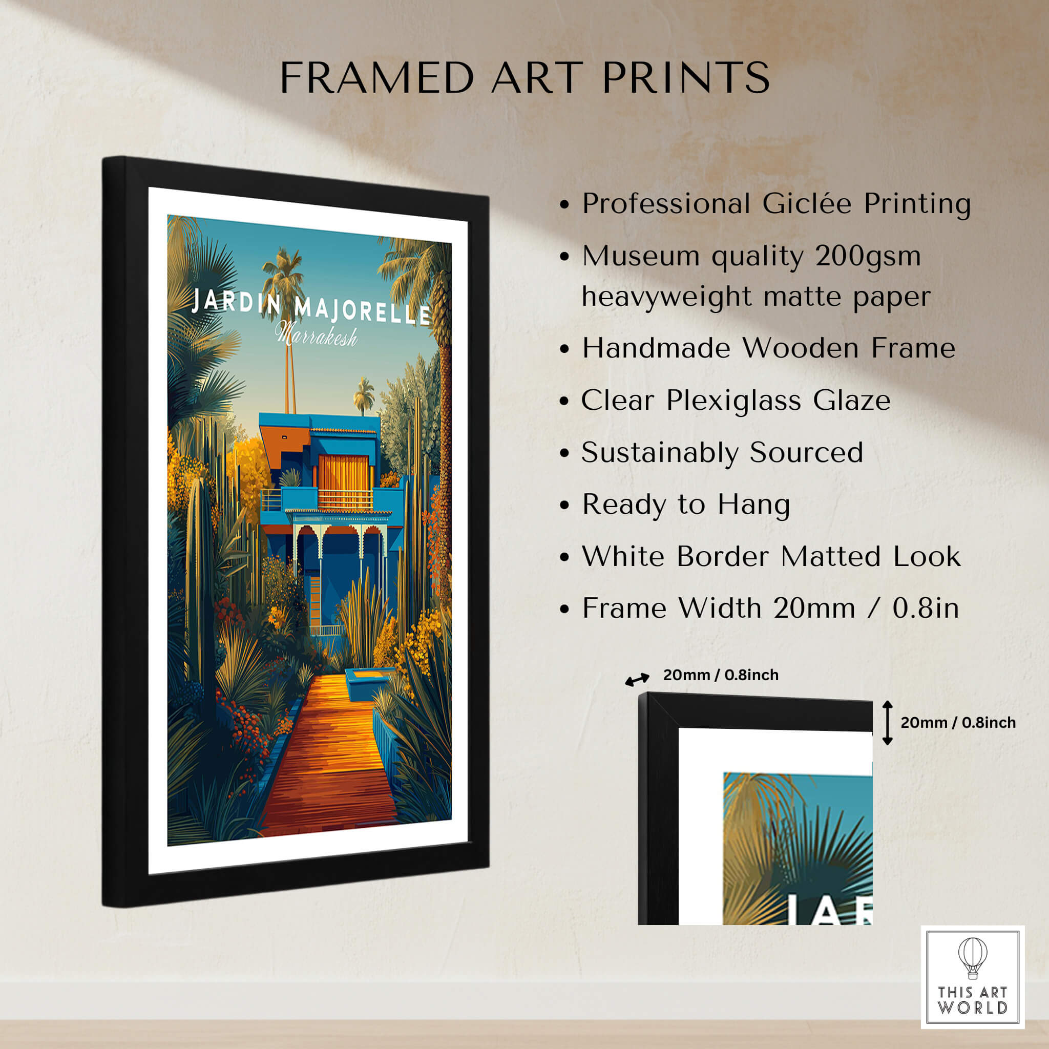 Jardim Majorelle Marrakesh Wall Art Print | Moroccan Blue Garden Travel Posters in a sleek black frame.