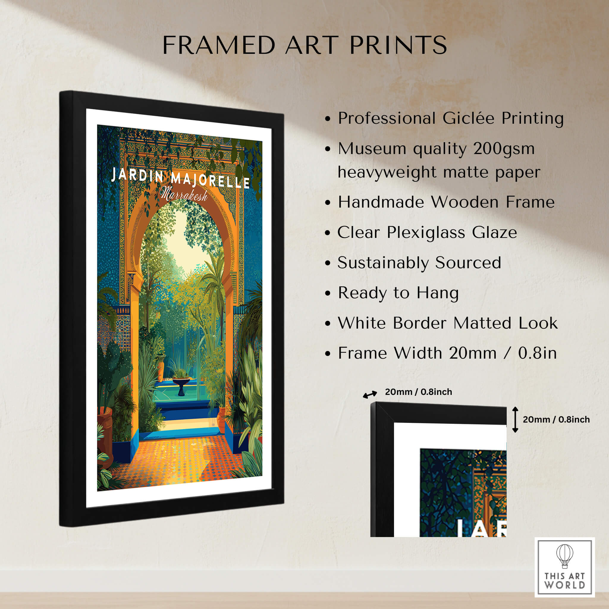 Jardim Majorelle Marrakesh Travel Posters | Moroccan Archway Garden Wall Art Print framed art print details.