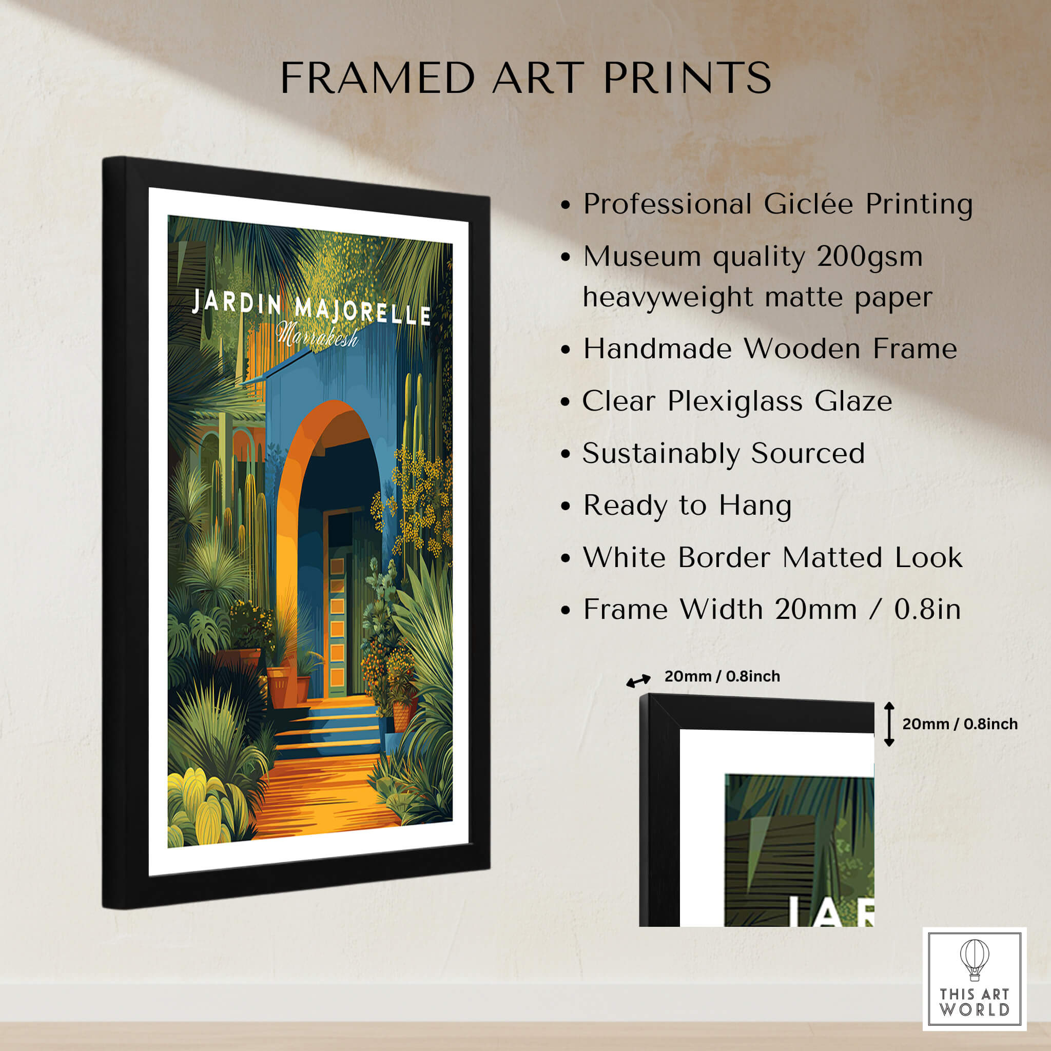 Jardim Majorelle Marrakesh Wall Art Print | Botanical Moroccan Villa Travel Poster in a stylish frame with details.