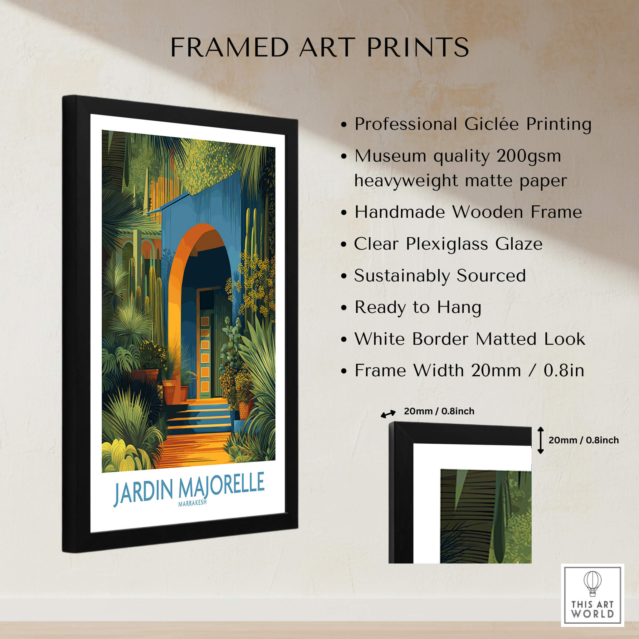 Jardim Majorelle Marrakesh Posters | Canvas Print framed art print showcasing Moroccan artistry and botanical wonder.