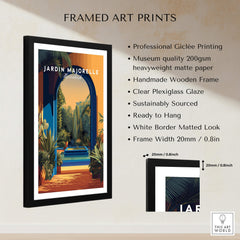 Jardim Majorelle Marrakesh Travel Posters | Garden Fountain Scene Wall Art Print framed in high-quality materials.