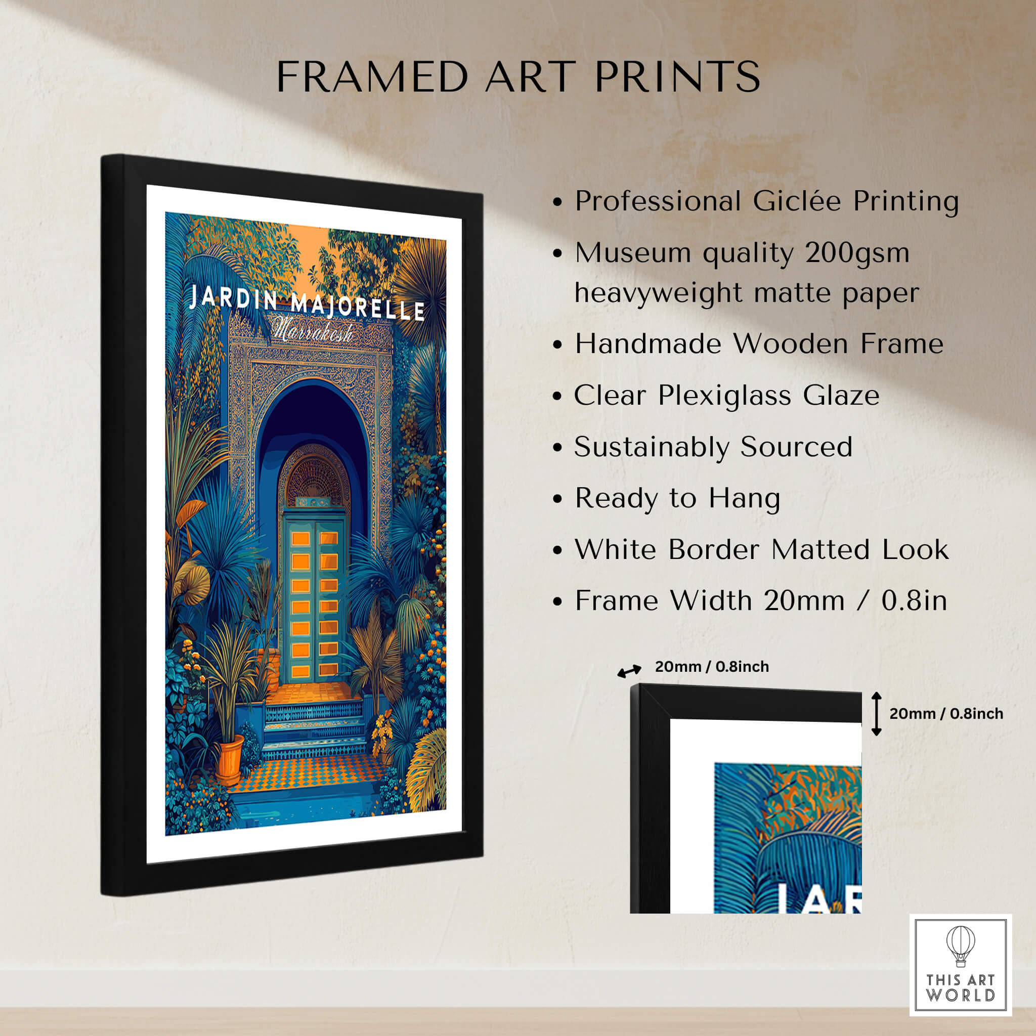 Jardim Majorelle Marrakesh Wall Art Print | Ornate Moroccan Doorway Travel Posters in a handmade wooden frame.