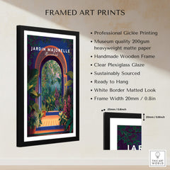 Jardim Majorelle Marrakesh Travel Poster | Lush Tropical Garden Wall Art Print displayed in a modern wooden frame.