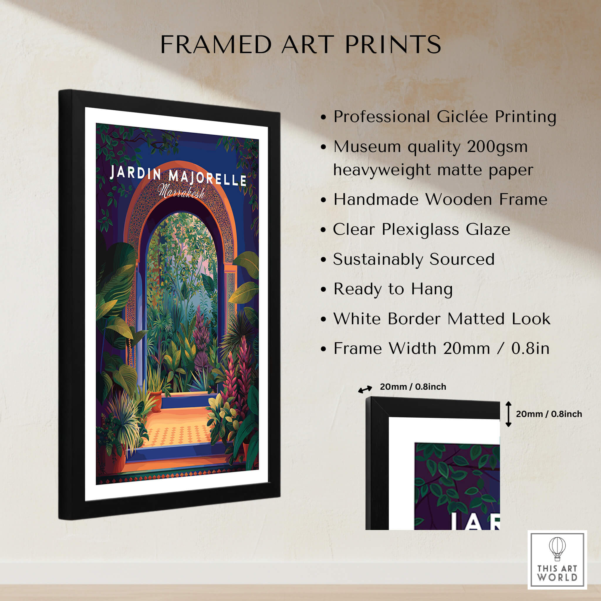 Jardim Majorelle Marrakesh Travel Poster | Lush Tropical Garden Wall Art Print displayed in a modern wooden frame.