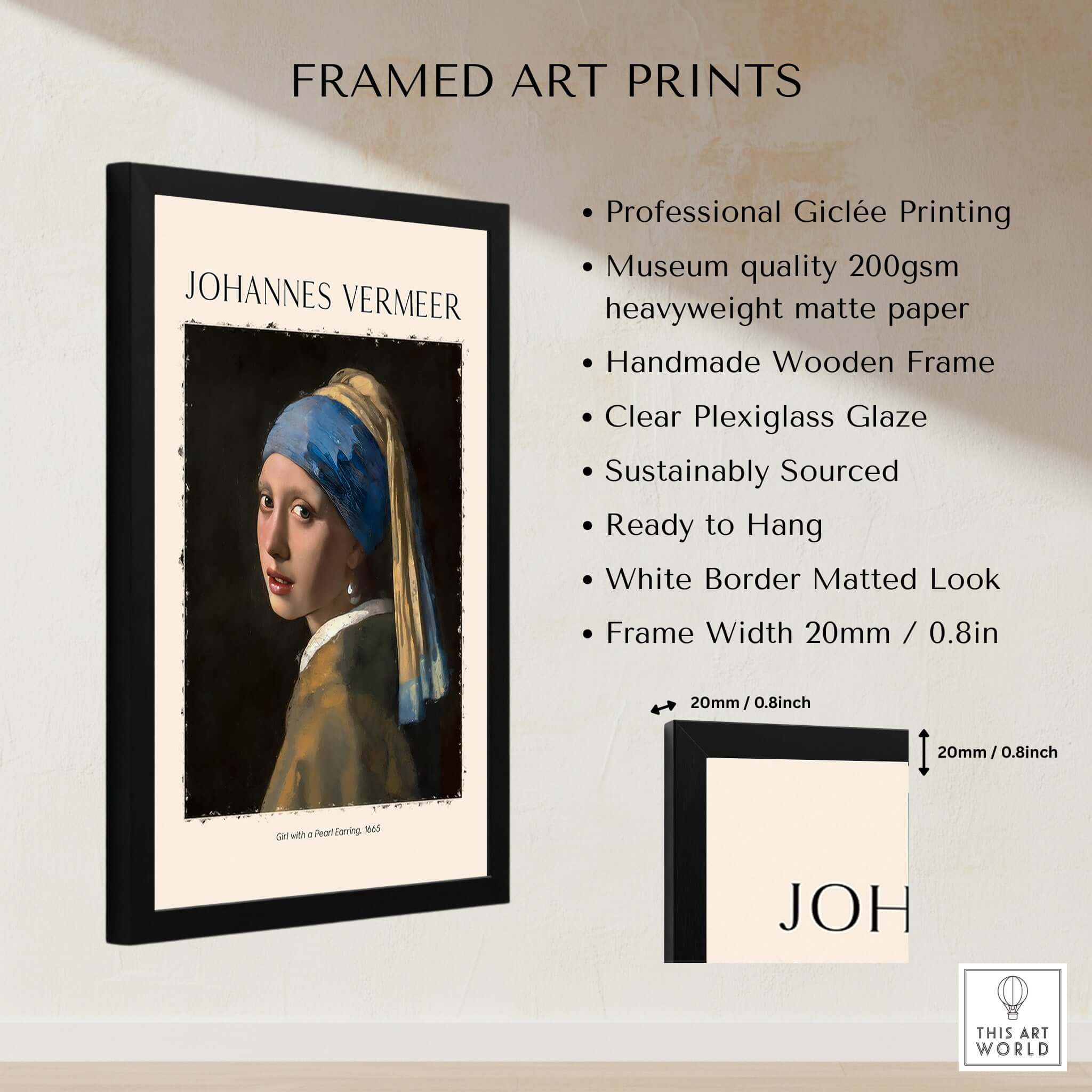 Johannes Vermeer Girl with a Pearl Earring 1665 Iconic Dutch Portrait Art Print framed with professional Giclée printing.