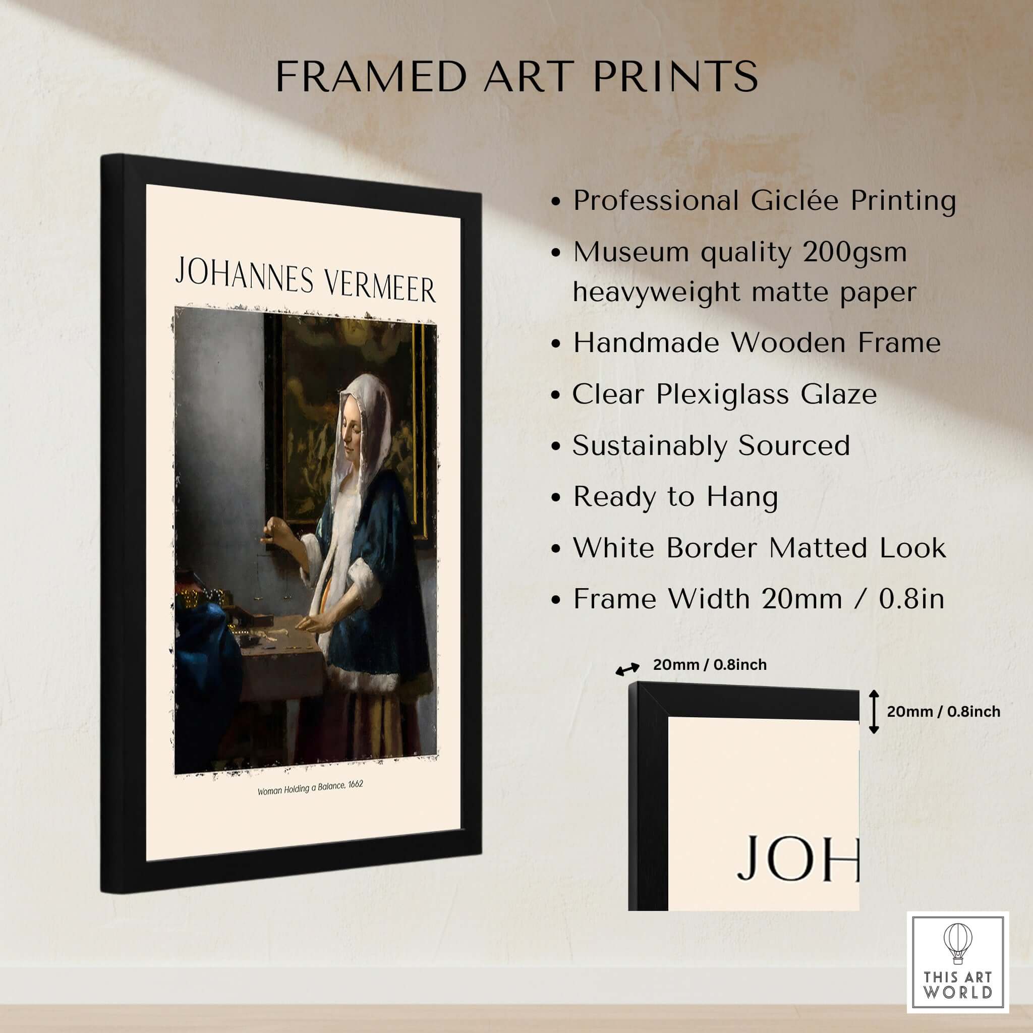 Johannes Vermeer Woman Holding a Balance 1662 Dutch Baroque Art Print Poster framed art print features professional giclée printing.
