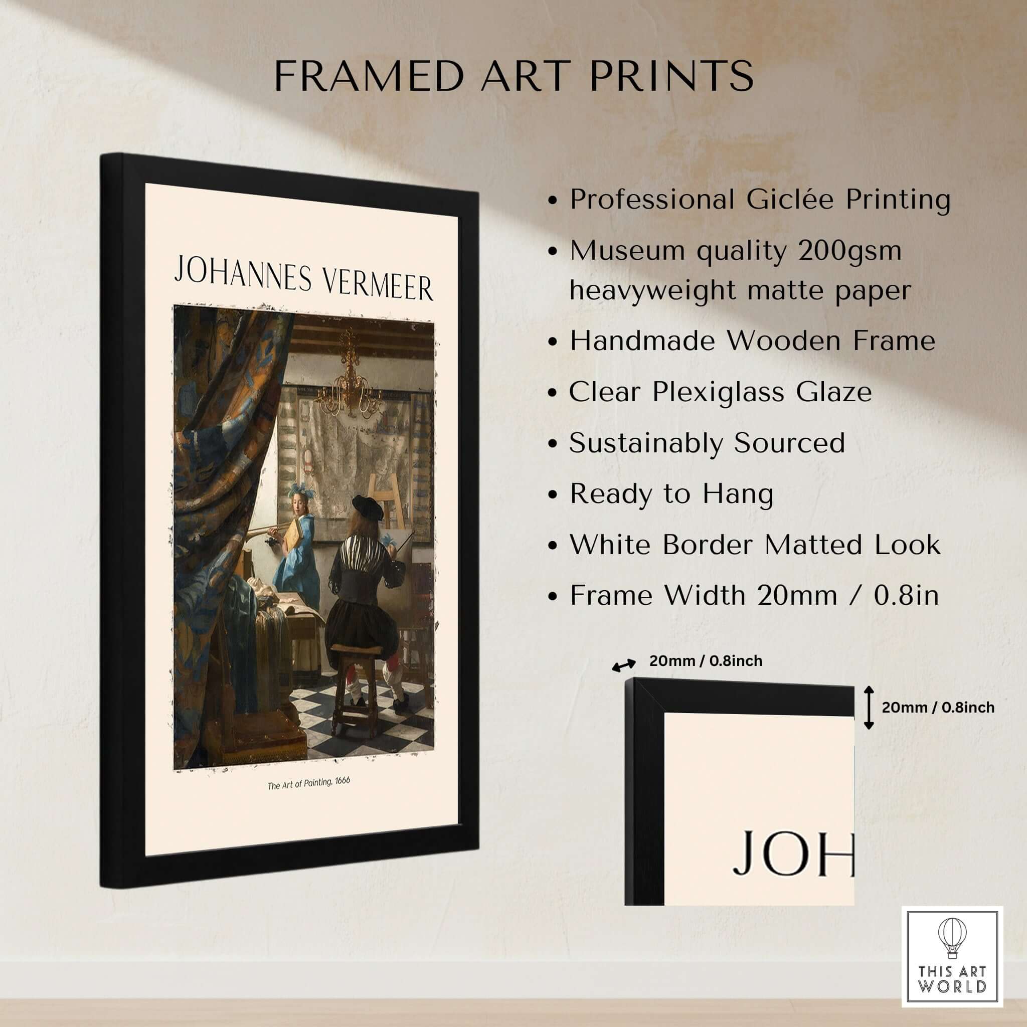 Johannes Vermeer The Art of Painting 1666 Allegory Dutch Masterpiece Art Print framed with detailed description.