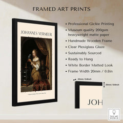 Johannes Vermeer A Woman Feeding Parrot - Dutch Golden Age Art Print Poster framed with clear plexiglass and handmade wooden frame.