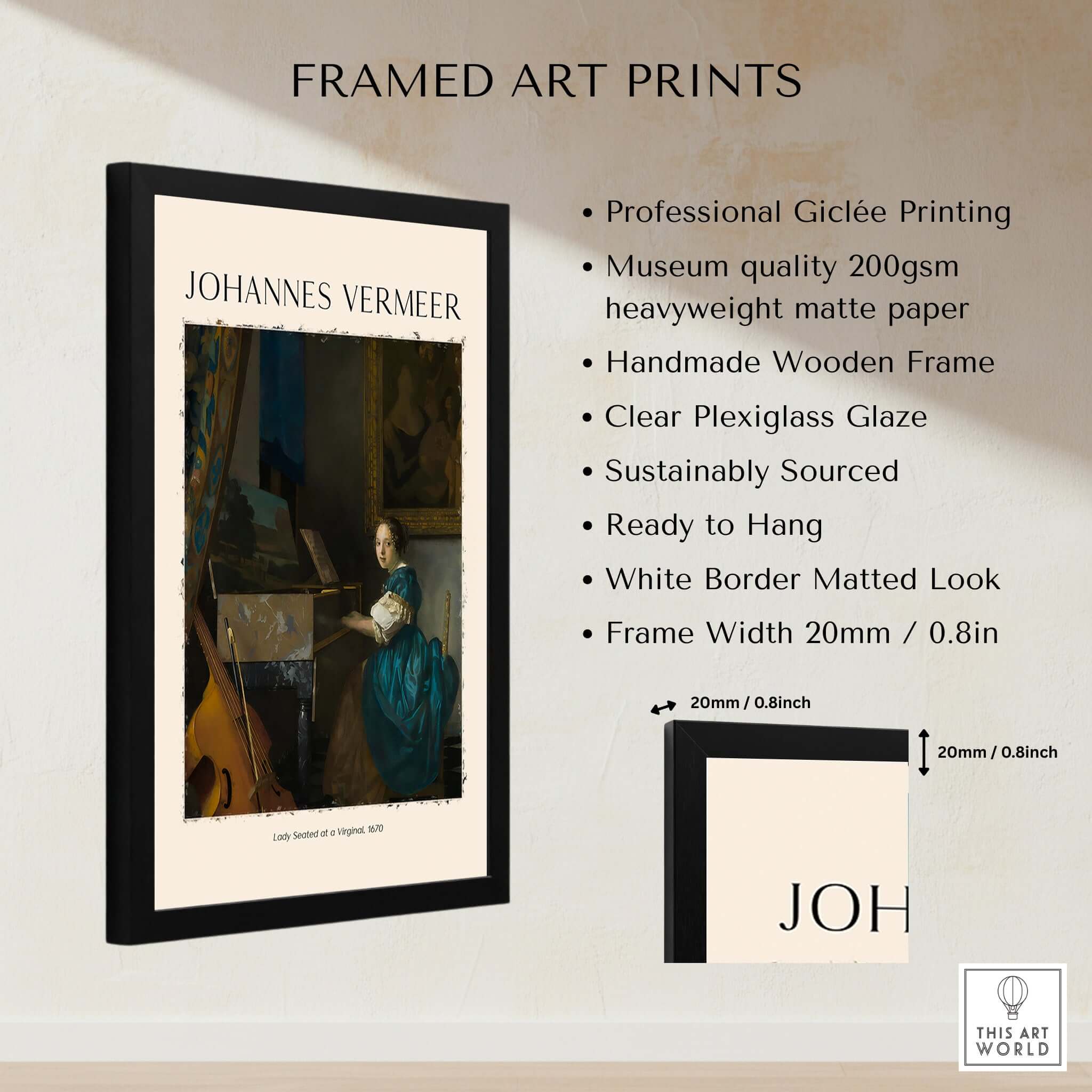 Johannes Vermeer Lady Seated at a Virginal 1670 Dutch Golden Age Art Print in a framed art print format.
