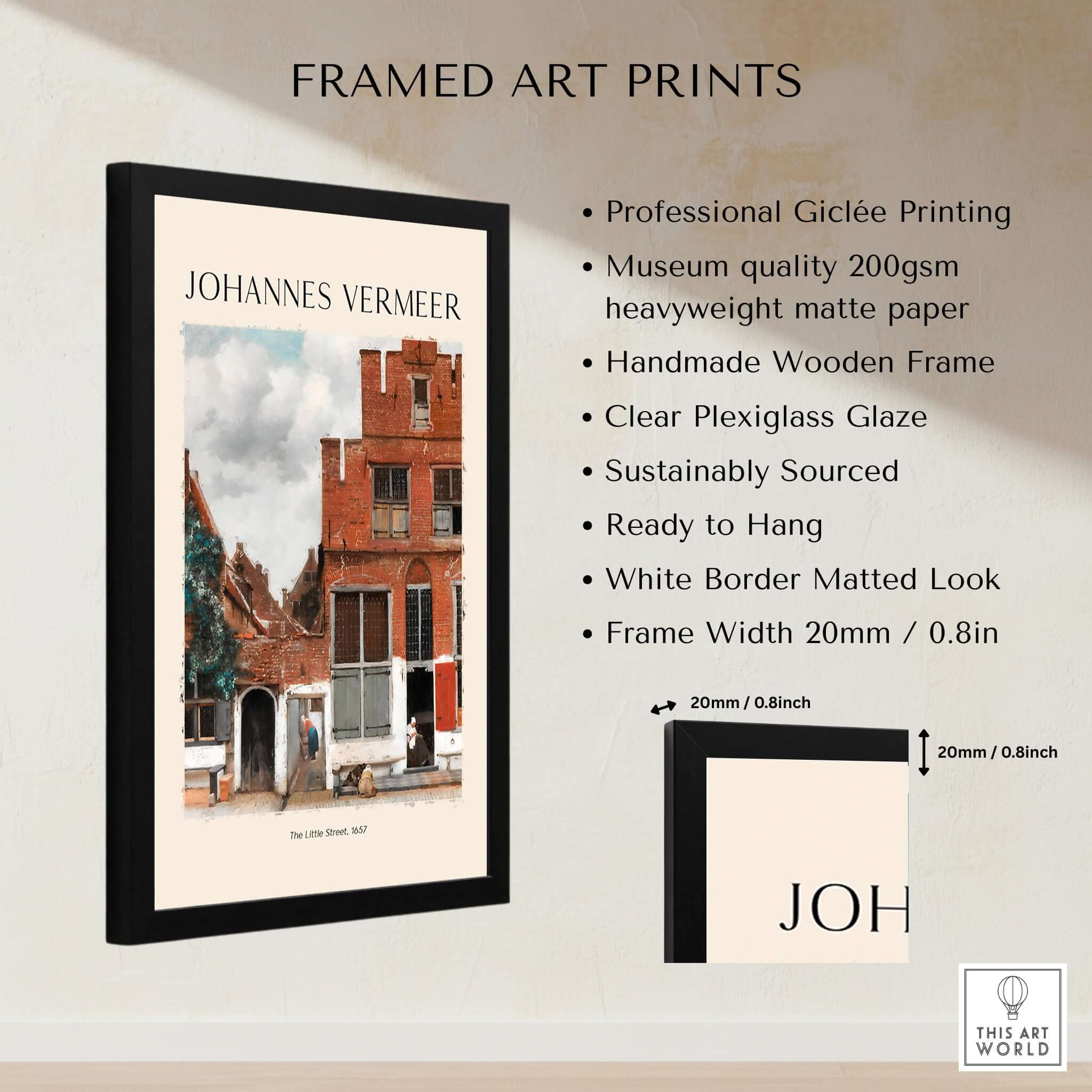 Johannes Vermeer The Little Street 1657 Delft Scene Dutch Golden Age Art Print framed in a stylish wooden frame.