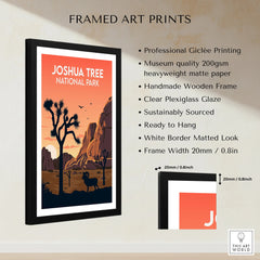 Framed Joshua Tree National Park print with sunset, silhouette trees, and wall art details