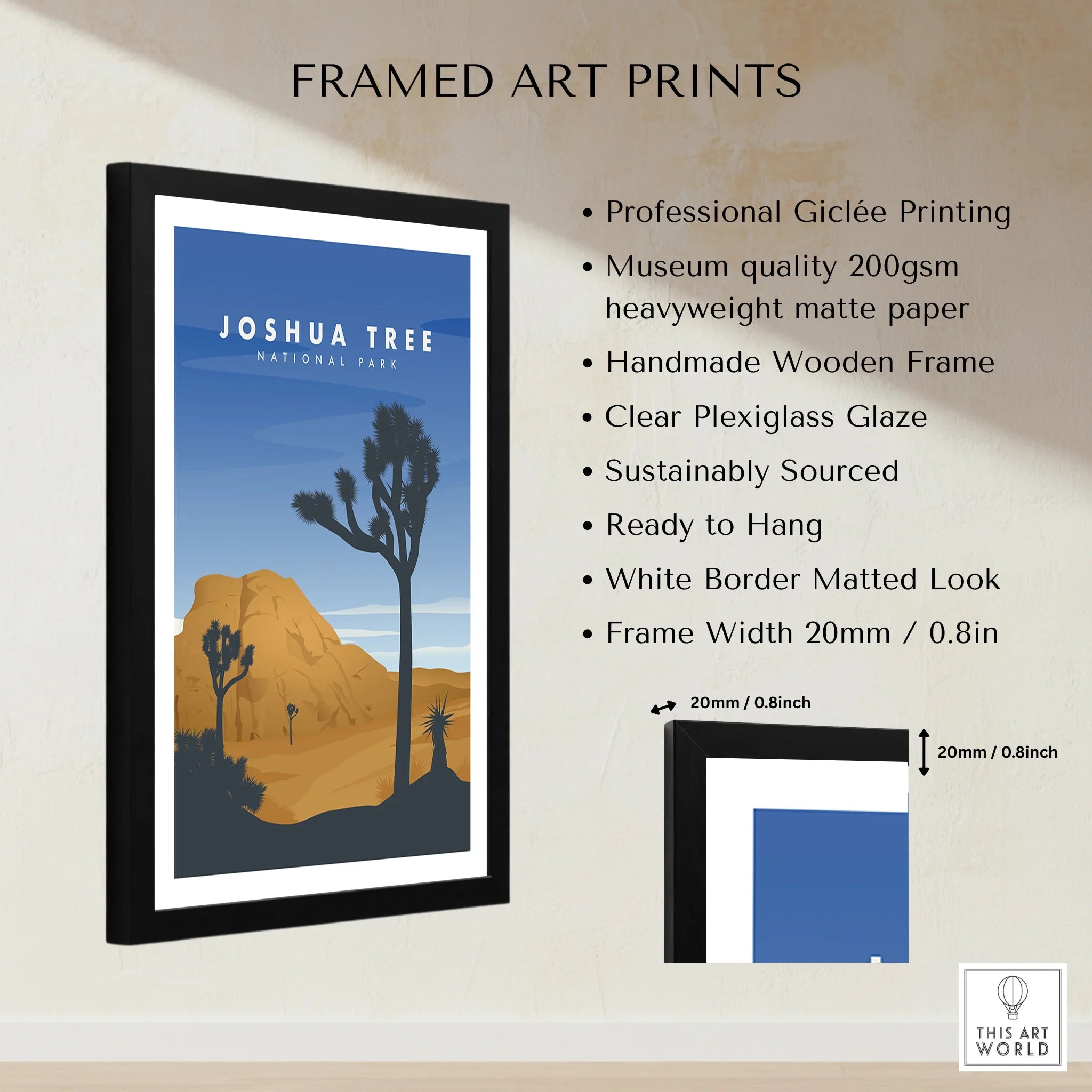 Framed Joshua Tree National Park travel poster print with details on print quality and frame.