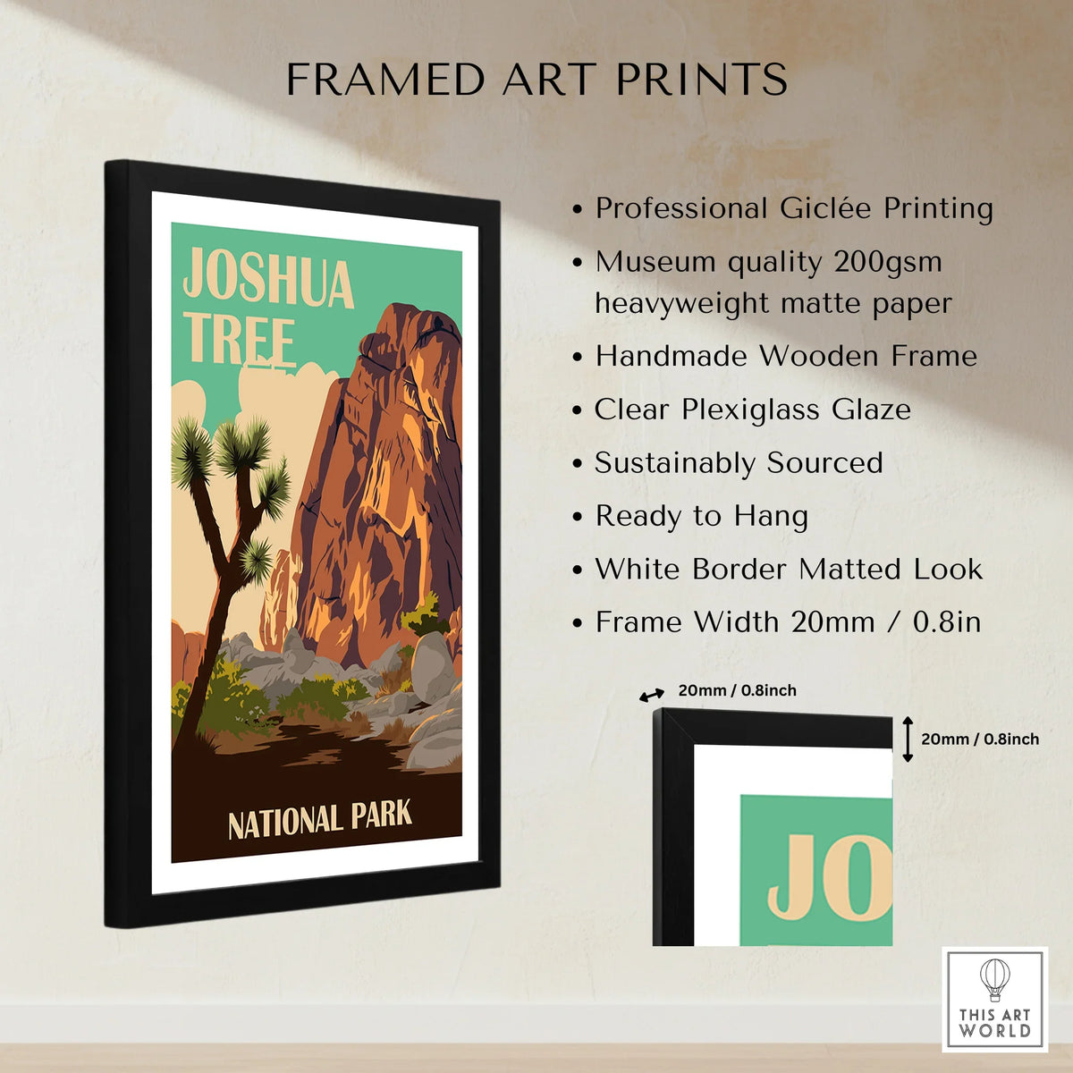 Framed Joshua Tree National Park print with wooden frame, white mat, and detailed features list.