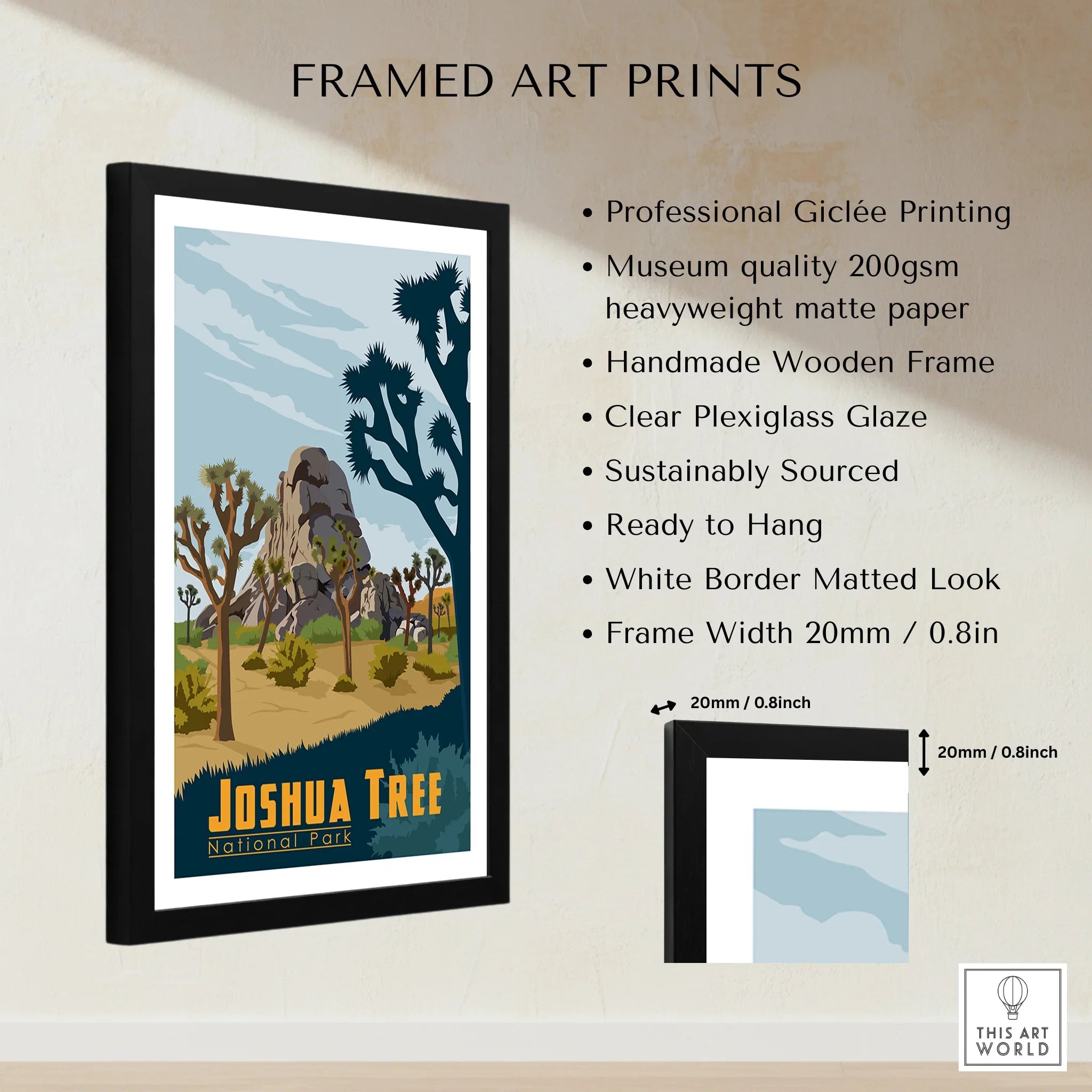 Framed Joshua Tree National Park art print with illustrated desert landscape and trees