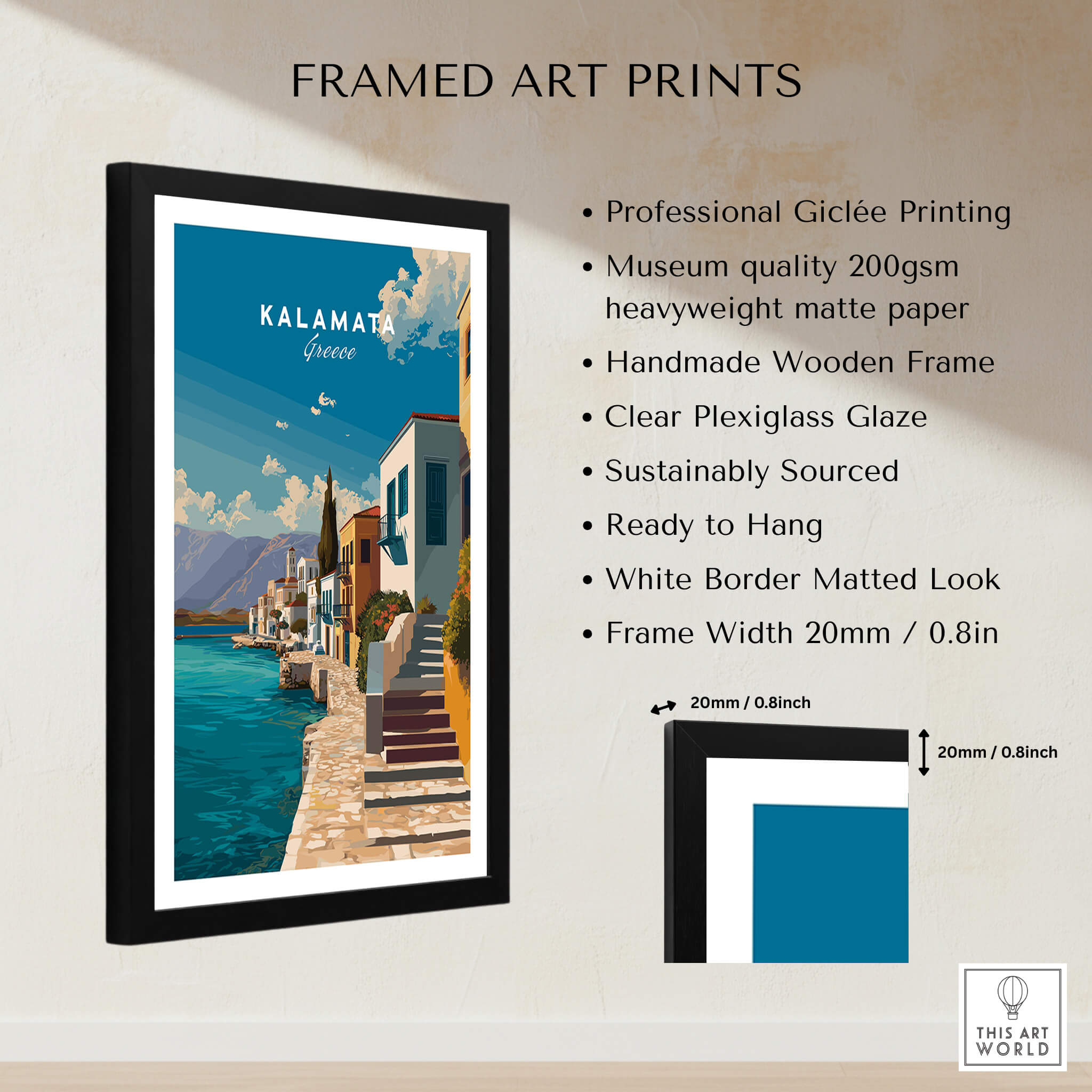 Kalamata Greece Wall Art Print | Mediterranean Seaside Town Travel Poster framed art print with professional Giclée printing.
