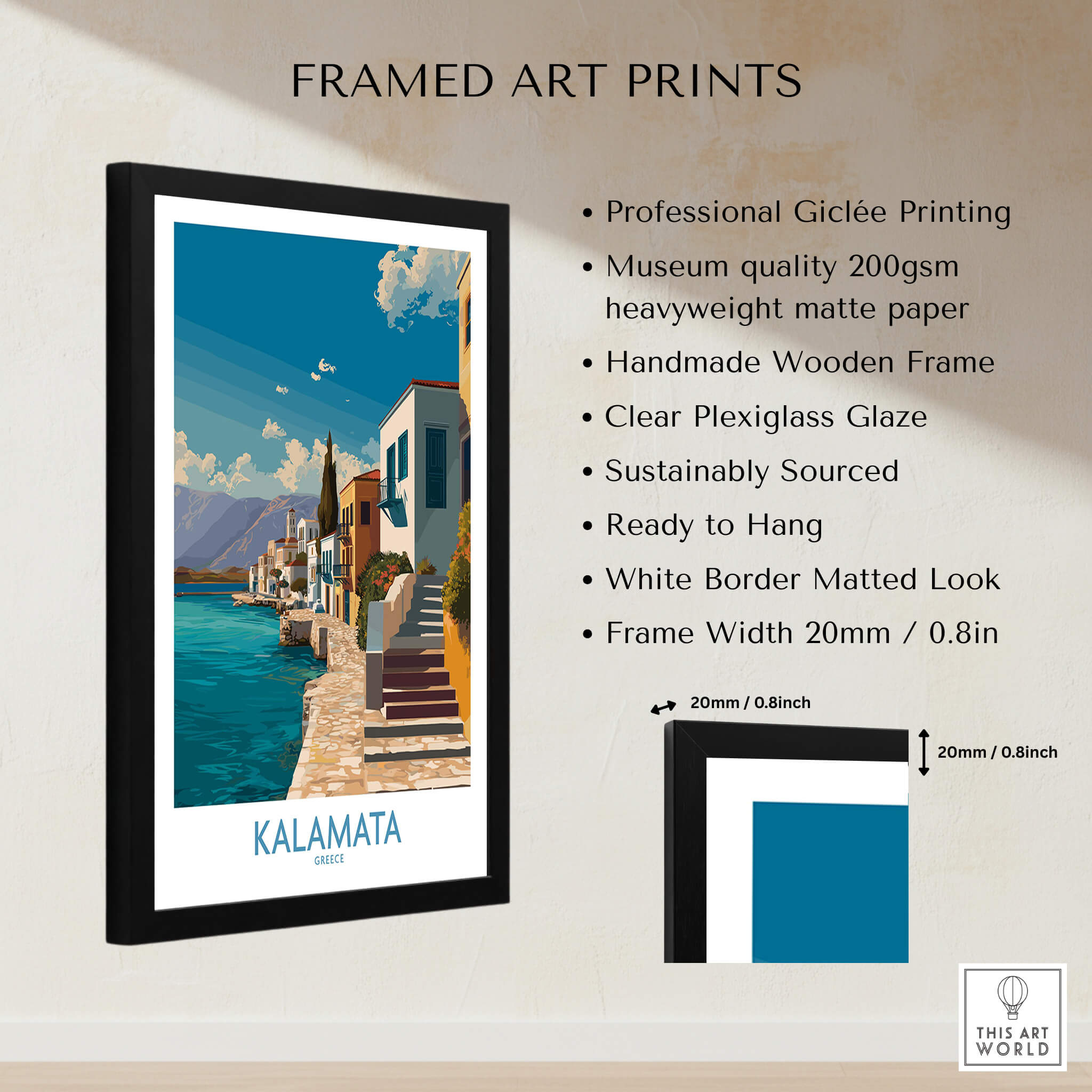 Kalamata Greece Poster | Greek Coastal Canvas Print framed art print design with coastline and traditional architecture.
