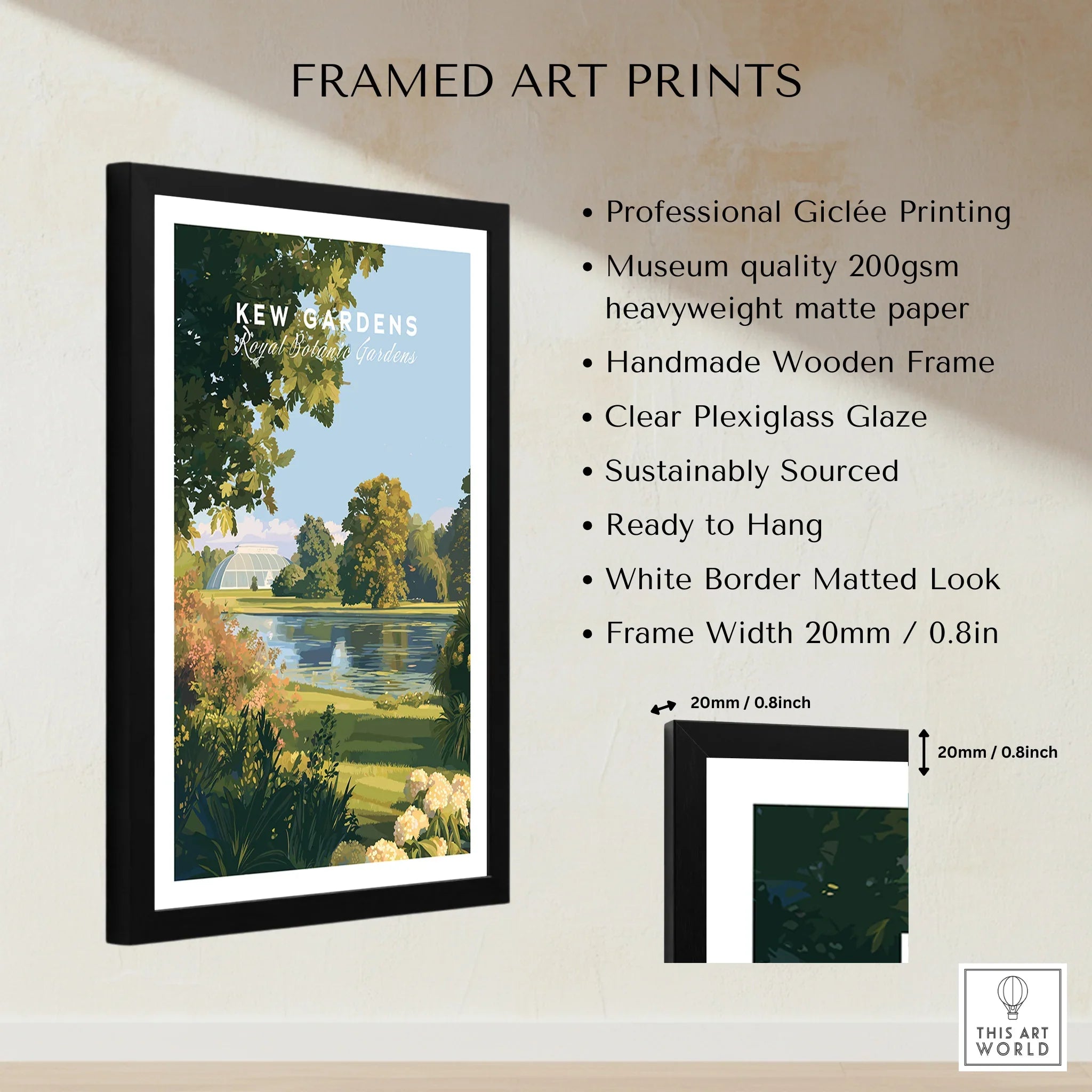 Framed Kew Gardens art print with wooden frame, white border, giclée printing, and product details.