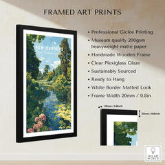 Framed Kew Gardens travel poster wall art with wooden frame, white border, and product details