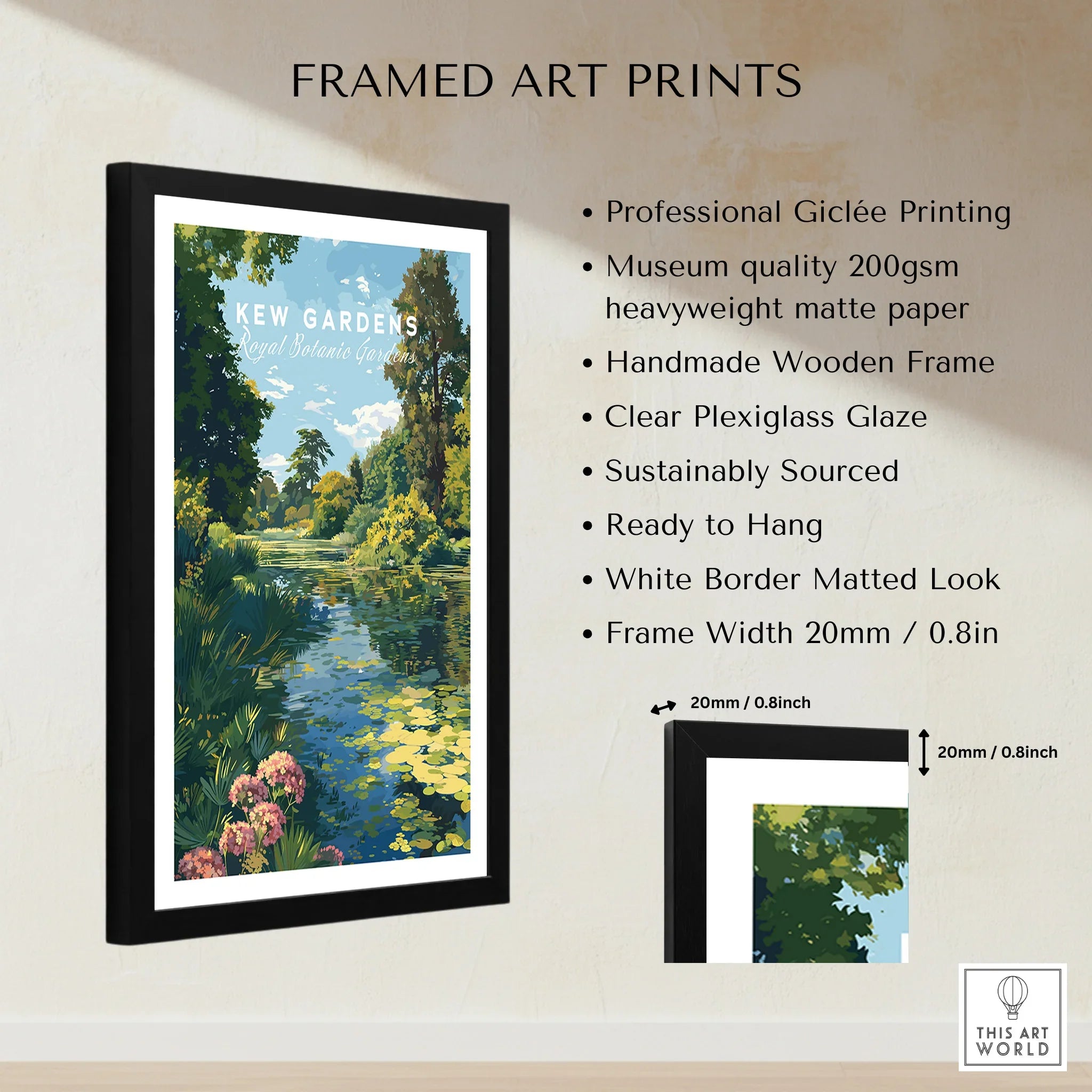 Framed Kew Gardens travel poster wall art with wooden frame, white border, and product details