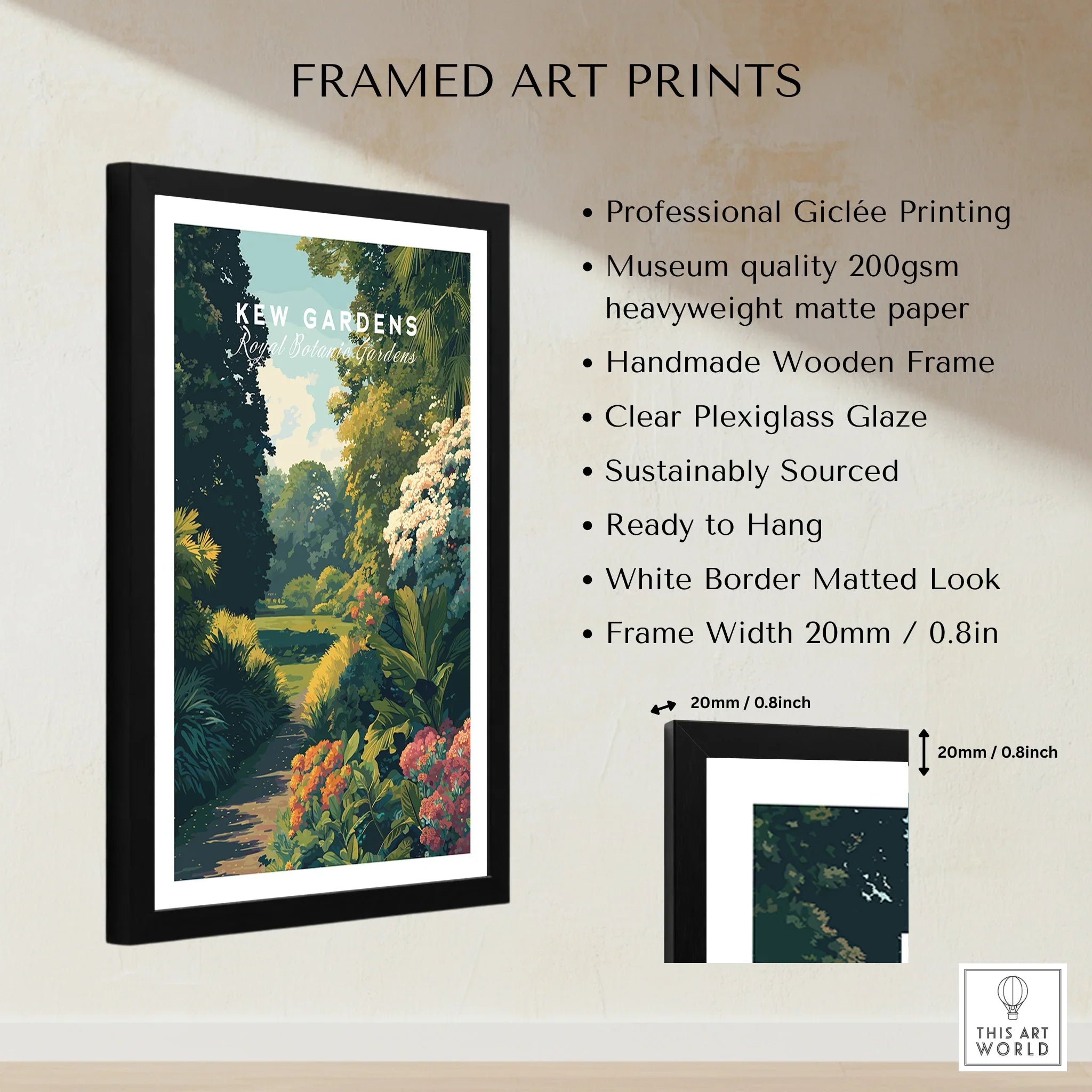 Framed Kew Gardens art print with black wood frame, white mat, and floral garden illustration.
