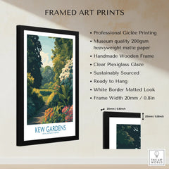 Framed Kew Gardens art print with botanical garden illustration and product features.