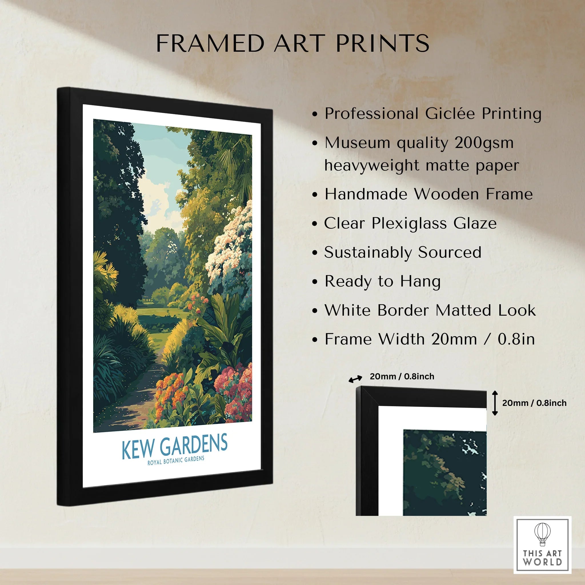 Framed Kew Gardens art print with botanical garden illustration and product features.