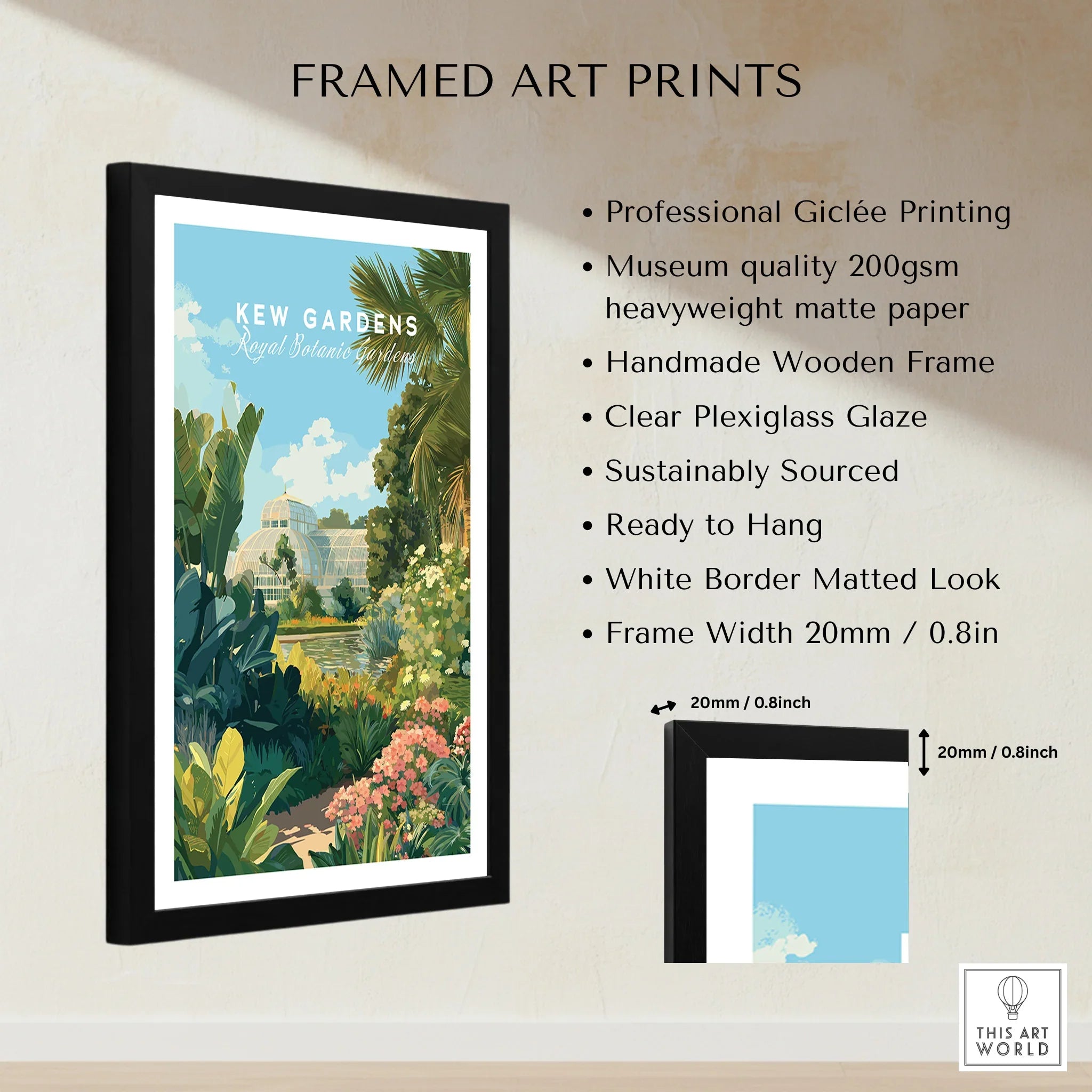 Framed Kew Gardens art print with black frame, white mat, and botanical illustration
