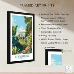 Framed Kew Gardens art print with botanical illustration, black wooden frame, and white matte border.