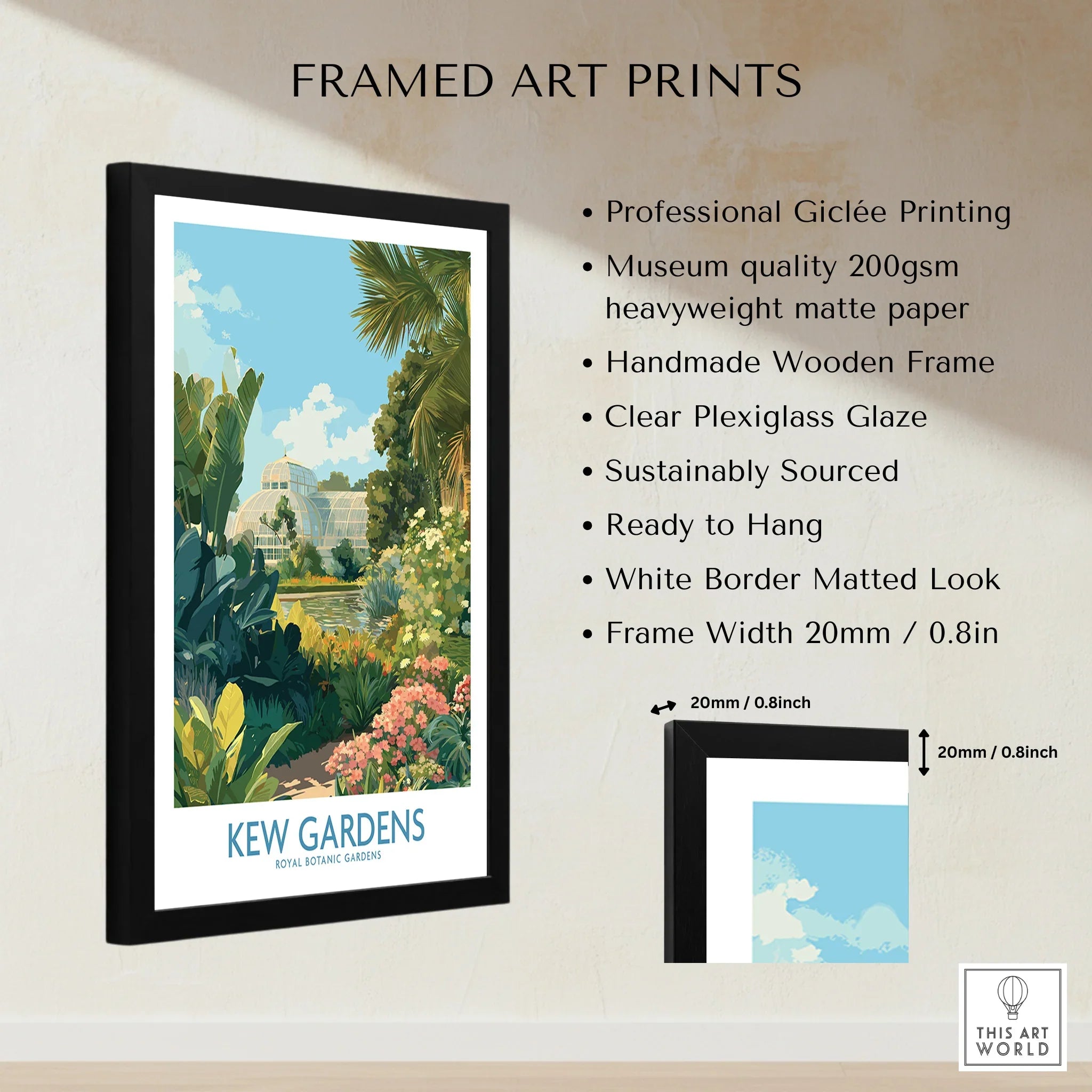 Framed Kew Gardens art print with botanical illustration, black wooden frame, and white matte border.