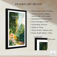 Framed Kew Gardens botanical art print with wooden frame, matted border, and feature list.