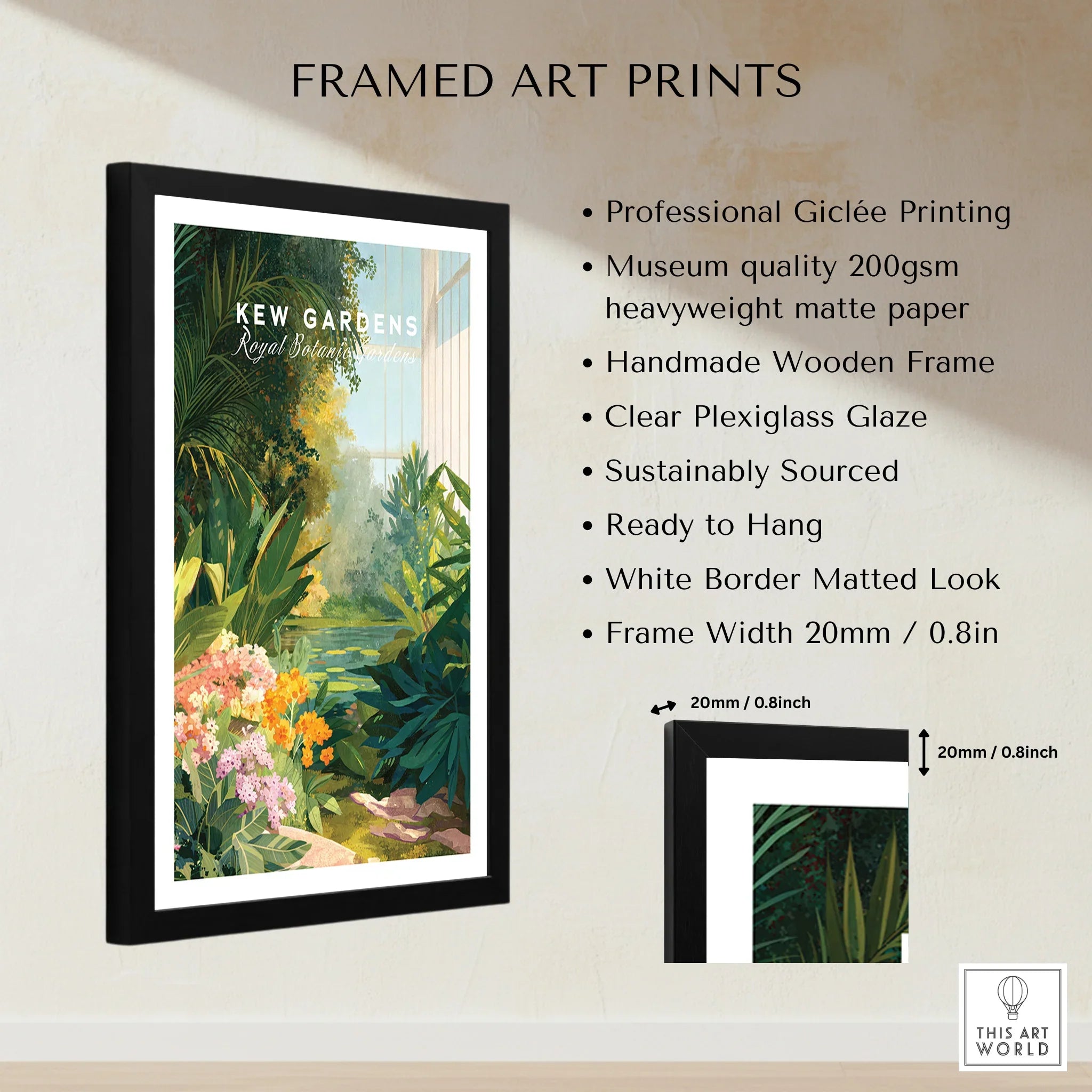Framed Kew Gardens botanical art print with wooden frame, matted border, and feature list.