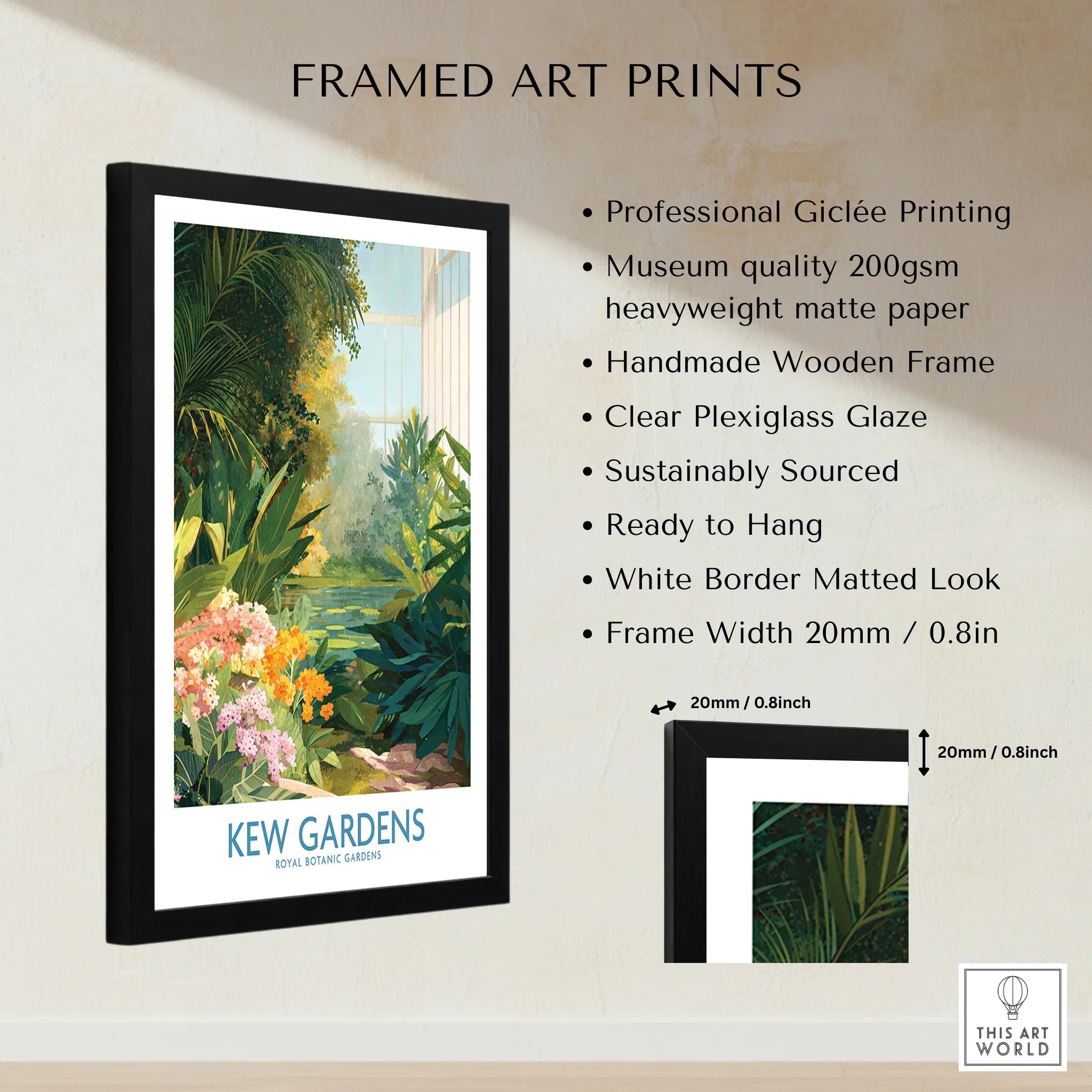Kew Gardens framed wall art print with lush botanical illustration and wooden frame details.